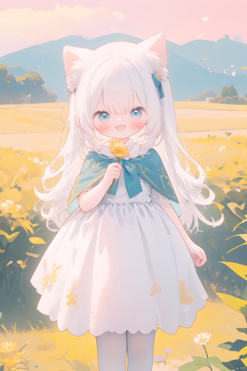  (drawn by Lynn Okamoto),center frame, sharp focus, (panorama, wide shot), best quality, masterpiece, extremely detailed, detailed background, (from above:1.2), 1girl, catgirl,solo,loli,blue eyes,white hair, closed one eye, smile, open mouth, skirt, long hair, wavy hair, on side, fluffy hair, , french , blush, smile, capelet, lace trim, bodice, sunset, long dress, dusk, scenery, gold sky, high place, horizon, wheat field, wheat ears, wind, wind blow, looking at viewer, (depth of field), bokeh, (holding a flower:1.3), (holding:1.2),(medium):0.5, white pantyhose