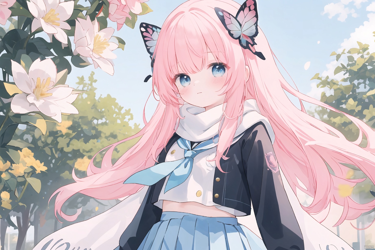 1girl, solo, long hair, looking at viewer, blush, bangs, blue eyes, skirt, shirt, hair accessory, long sleeves, very long hair, closed mouth, school uniform, white shirt, pink hair, flower, , Pleated skirt, sailor collar, sides up, scarf, white flowers, butterflies, fluffy long sleeves, white sailor collar, multicolored eyes, yellow flowers, butterfly hair accessory, blue scarf, yellow skirt, hair accessory