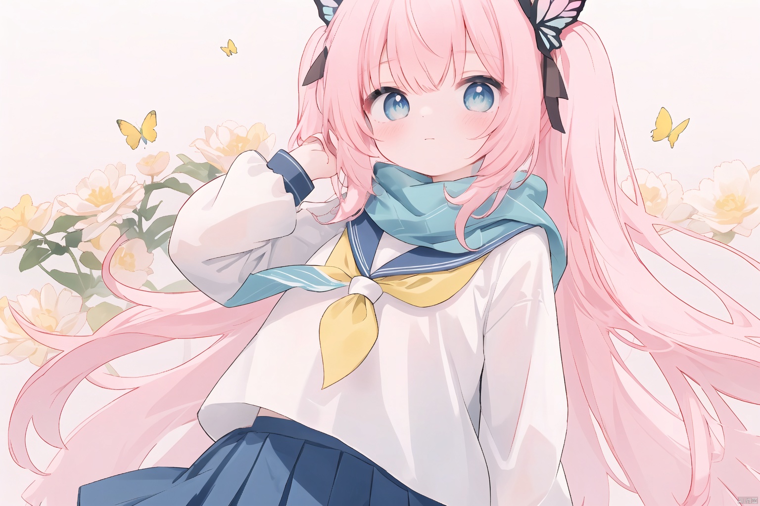 1girl, solo, long hair, looking at viewer, blush, bangs, blue eyes, skirt, shirt, hair accessory, long sleeves, very long hair, closed mouth, school uniform, white shirt, pink hair, flower, , Pleated skirt, sailor collar, sides up, scarf, white flowers, butterflies, fluffy long sleeves, white sailor collar, multicolored eyes, yellow flowers, butterfly hair accessory, blue scarf, yellow skirt, hair accessory