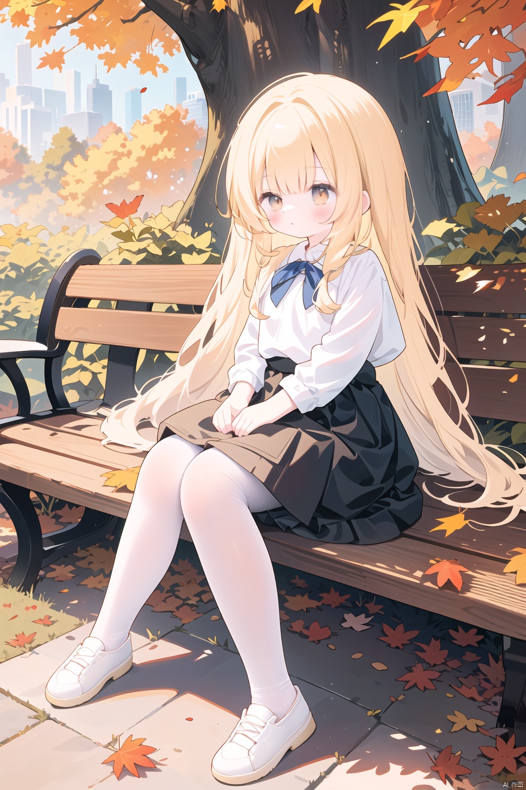 Autumn girl, park bench, falling leaves, autumn is getting stronger, delicate, lifelike, high definition, sunshine, mottled light and shadow, long golden hair and skirt, white shoes and pantyhose, autumn colors, quiet thinking , gentle and harmonious, carefully painted with details, touchable tenderness and autumn atmosphere, the girl blends with the park environment