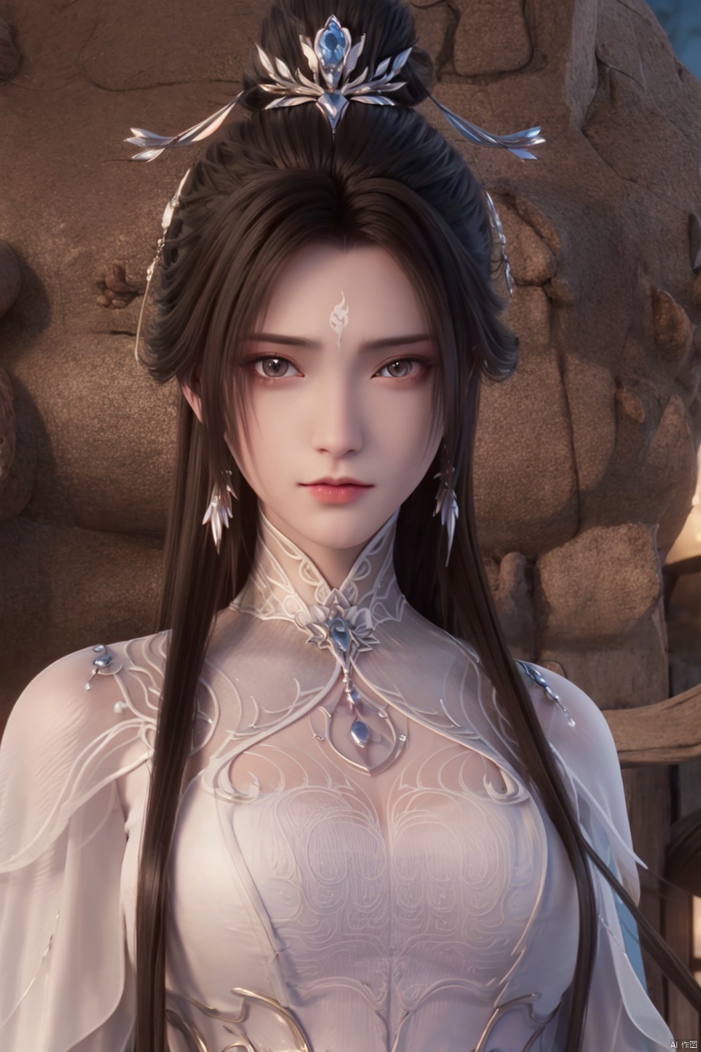  1girl, solo, long hair, brown hair, black hair, hair ornament, long sleeves, dress, jewelry, upper body, earrings, white dress, facial mark, chinese clothes, forehead mark