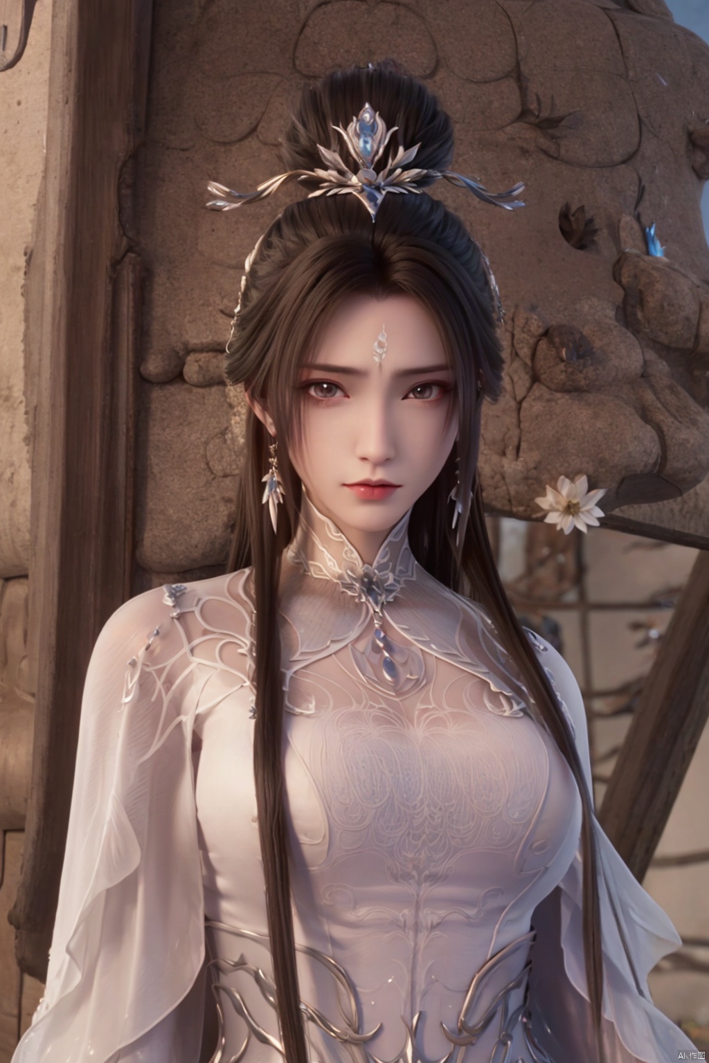 1girl, solo, long hair, brown hair, black hair, hair ornament, long sleeves, dress, jewelry, upper body, earrings, white dress, facial mark, chinese clothes, forehead mark