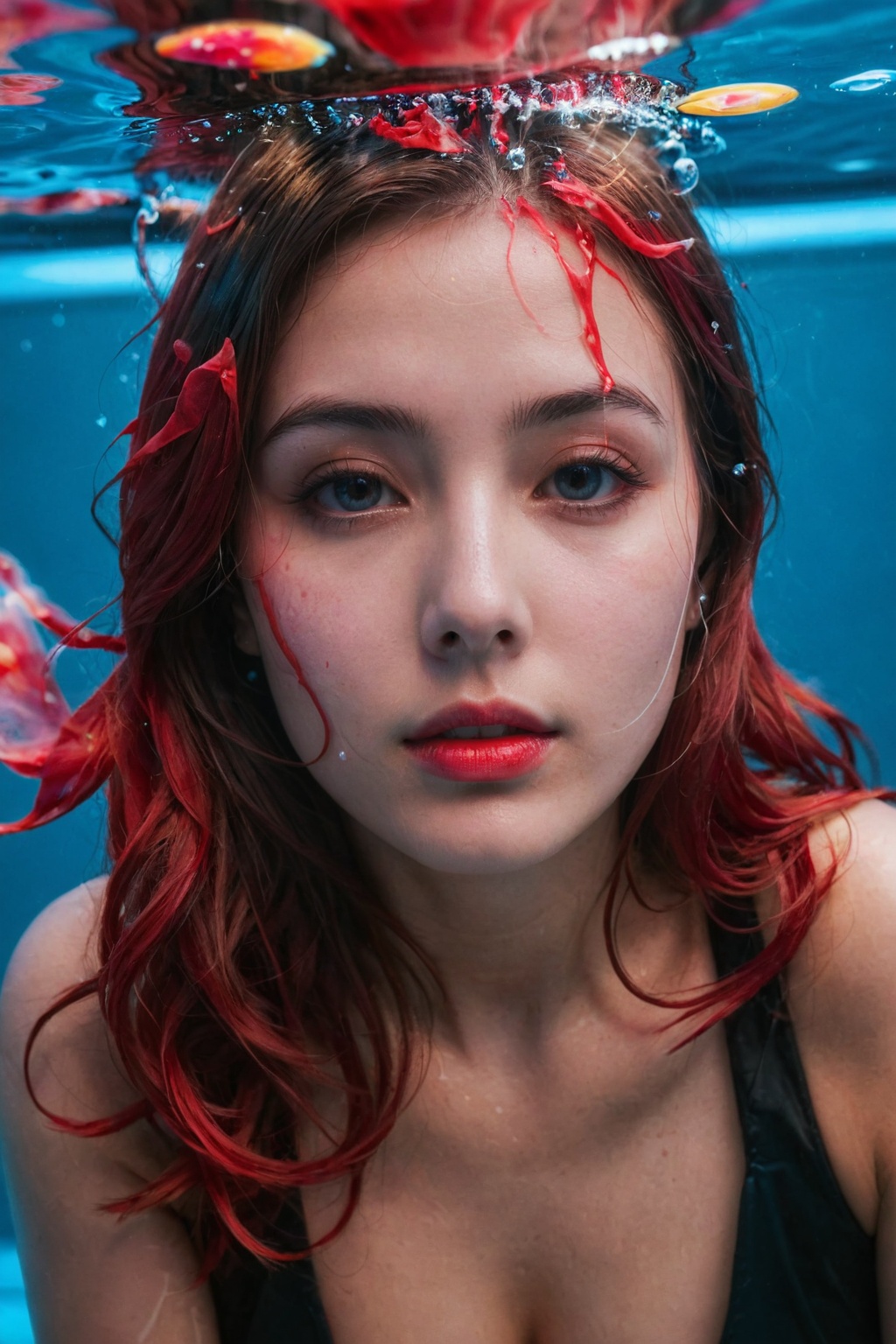 a portrait of a women submerged,  with streams of red and black ink swirling around them,  resembling billowing smoke unde...
