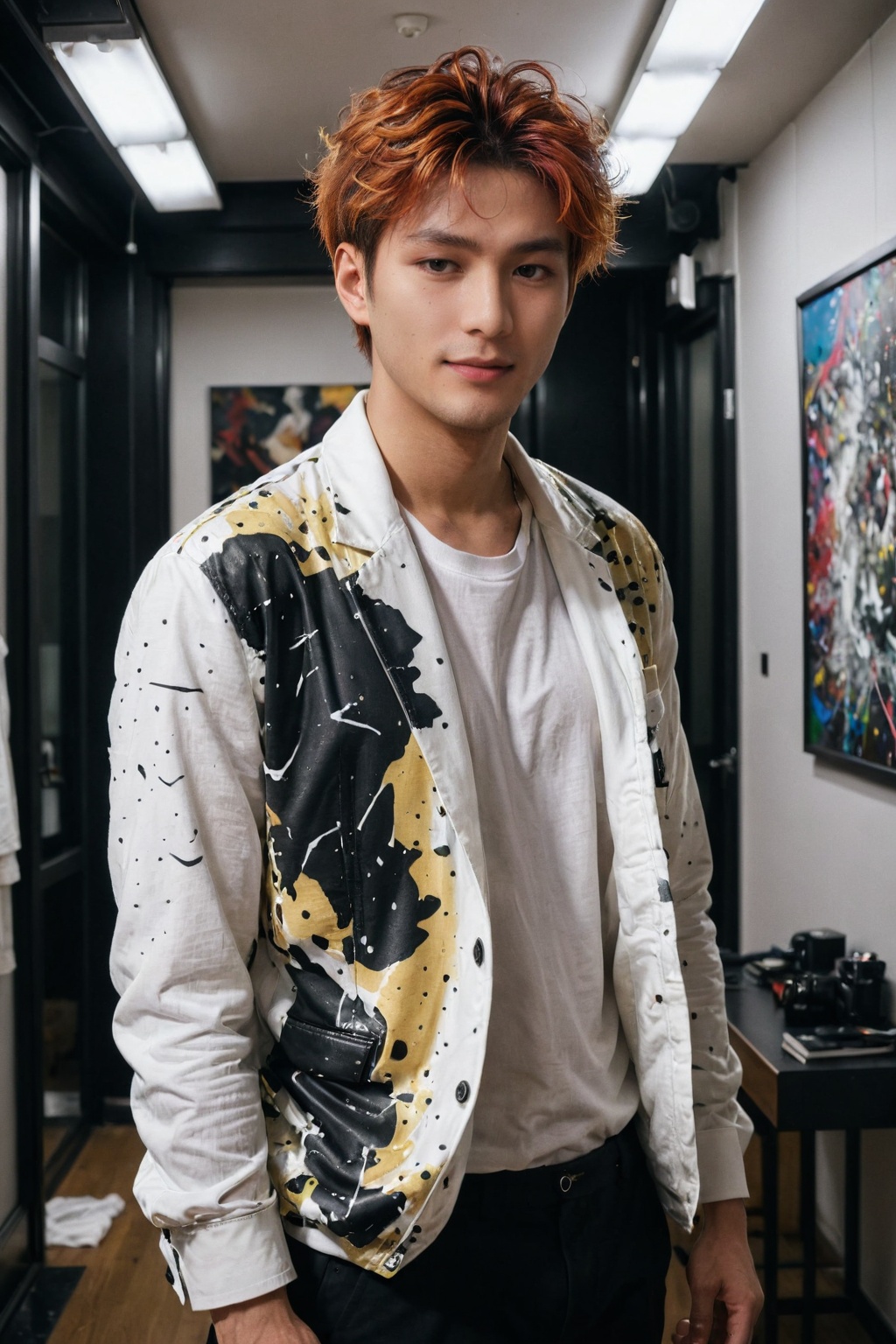 Hasselblad photo portrait of a handsome and mysterious Tokyo young male model,  wearing urban clothes inspired by Jackson...