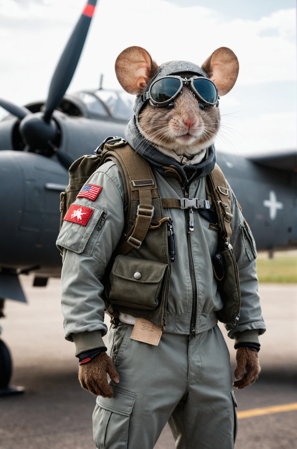 professional photograhy,  a small gray mouse,  stands on two legs BRAKE military pilot's jacket BRAKE pilot scarf on Tenso...