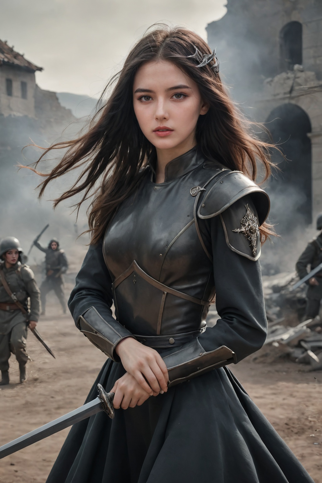 (Surrealist photo) created a woman in war dress,  her hair color is dark,  her hair is loose and moving on Tensor.Art
