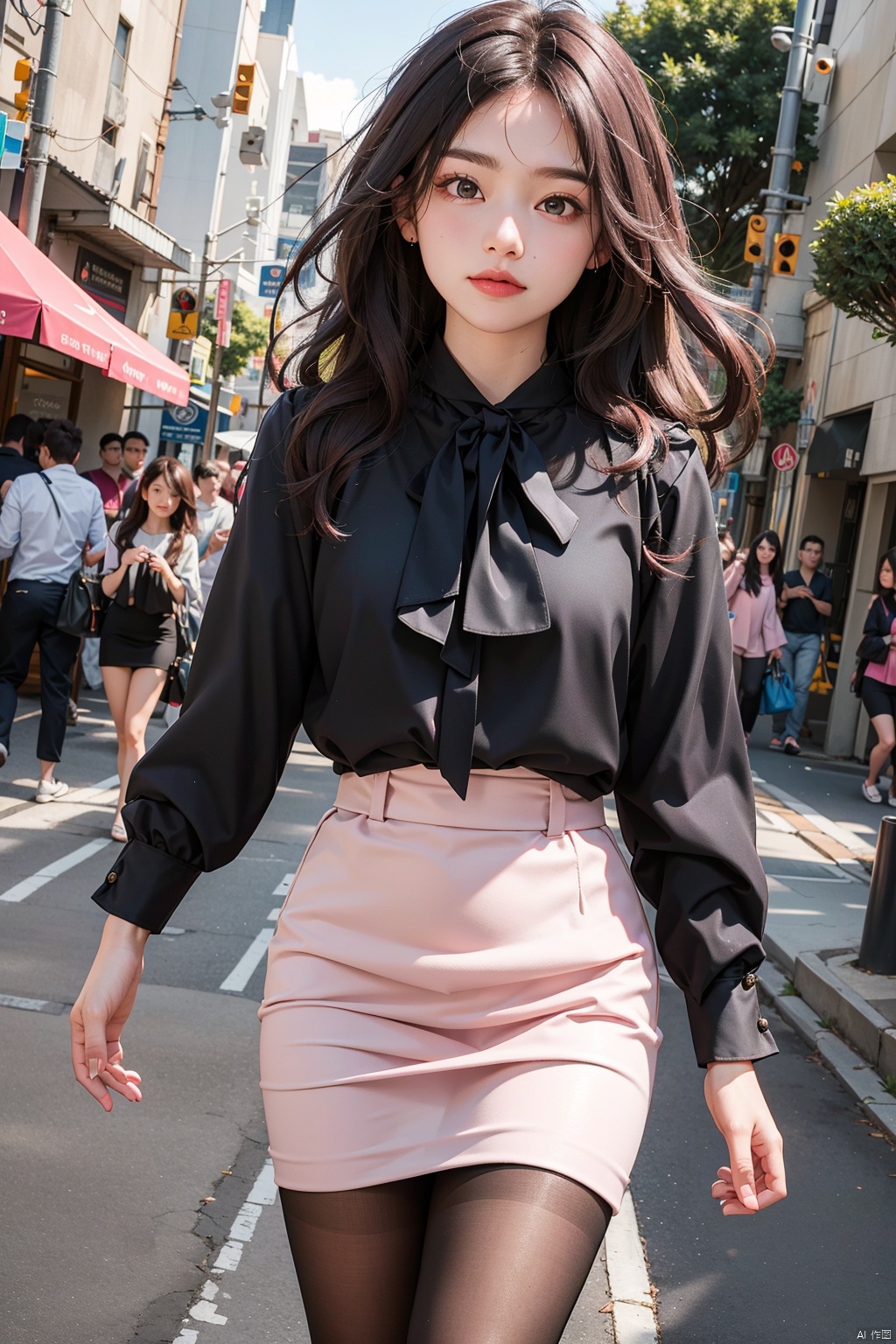 (masterpiece, best quality,photo background,photo,)
1girl,solo,cowboy_shot,
(ShirtA01,blouse,light pink blouse,)
(pink chiffon pencil skirt,)
pantyhose,
looking_at_viewer,walking,
happy,closed_mouth,