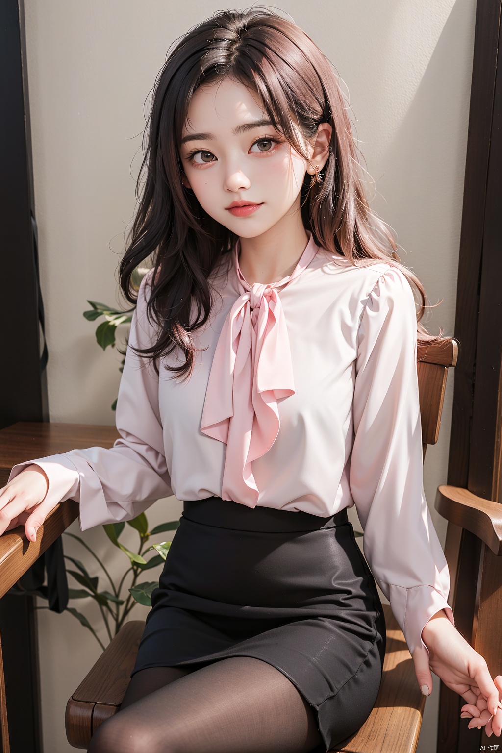 (masterpiece, best quality,photo background,photo,)
1girl,solo,cowboy_shot,
(ShirtA01,blouse,light pink blouse,)
(pink chiffon pencil skirt,)
pantyhose,
looking_at_viewer,sitting,on chair, who, 
happy,closed_mouth, , BLOUSE,ShirtA01