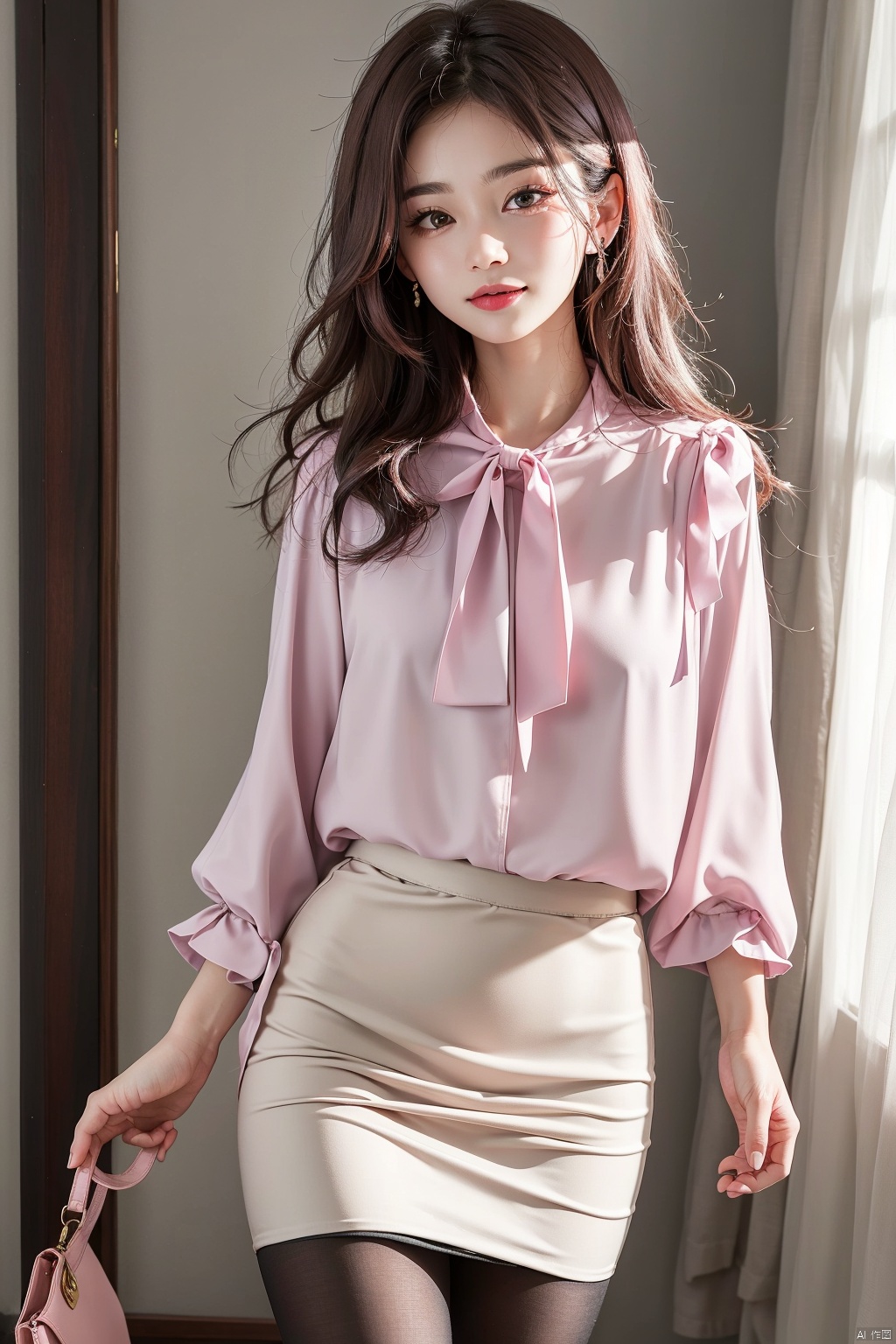 (masterpiece, best quality,photo background,photo,)
1girl,solo,cowboy_shot,
(ShirtA01,blouse,light pink blouse,)
(pink chiffon pencil skirt,)
pantyhose,
looking_at_viewer,walking,
happy,closed_mouth,