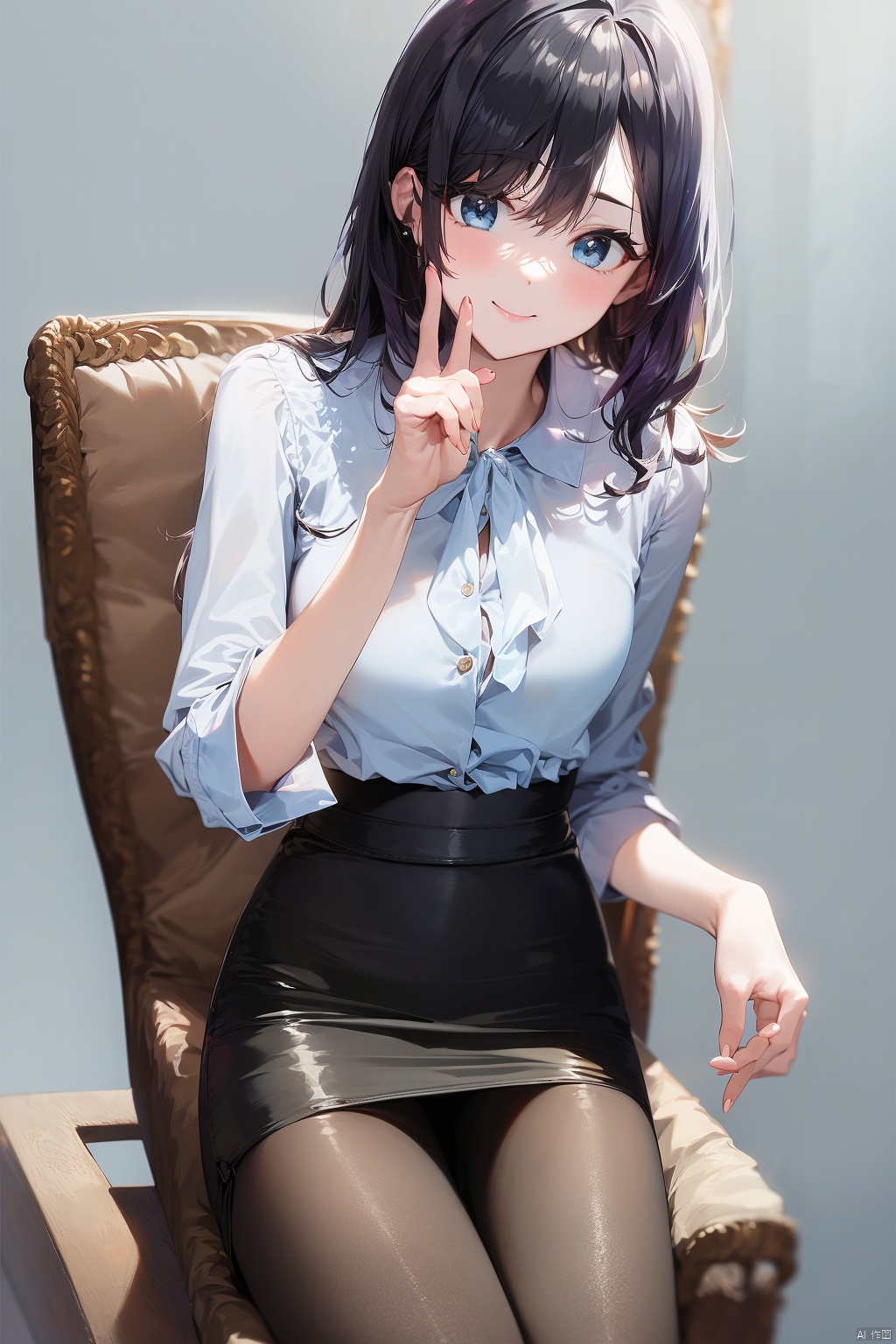 (masterpiece, best quality,photo background,photo,)
1girl,solo,cowboy_shot,
(ShirtA01,blouse,light blue blouse,)
(black chiffon pencil skirt,)
pantyhose,
looking_at_viewer,sitting,on chair, who, 
happy,closed_mouth, , BLOUSE,ShirtA01
