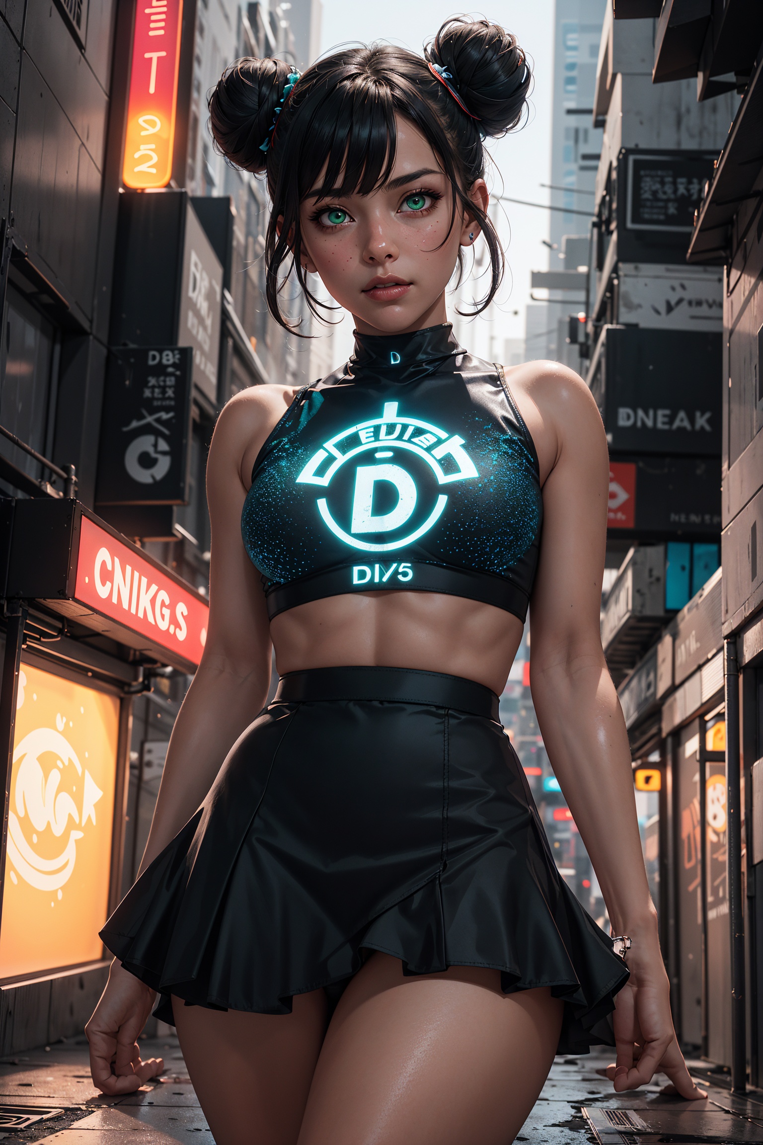 1girl,  A mesmerizing female cyberpunk street artist,  creating a vivid and detailed holographic mural in a neon-lit urban...