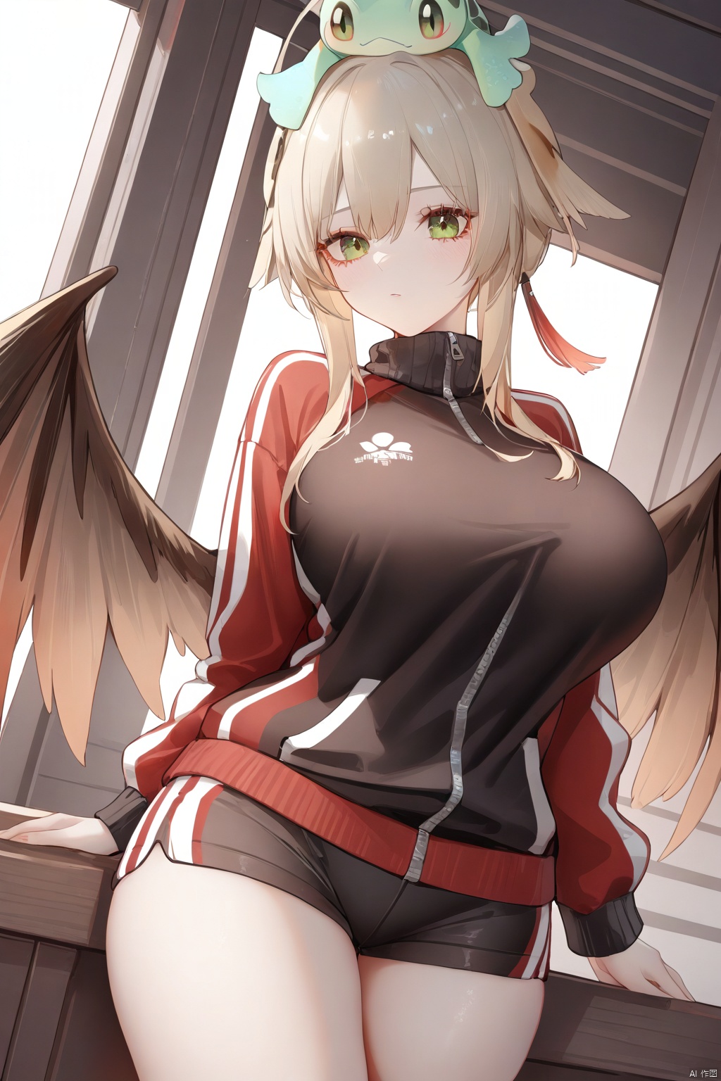  (wings:1.5), reed (arknights), 1girl, solo,green eyes,track jacket, shorts,large breasts, squirtle on head, best quality, amazing quality, very aesthetic, absurdres, (\shen ming shao nv\)