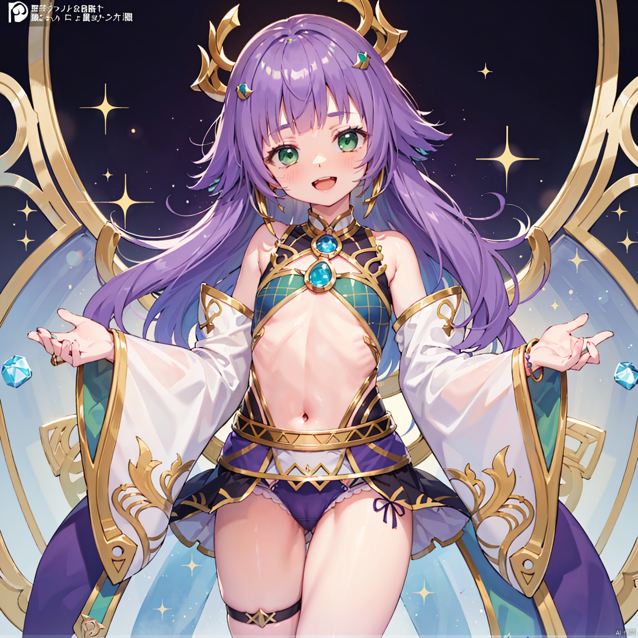  masterpiece, bestquality, Ib the World Chalice Justiciar, 1girl, solo, long hair, looking at viewer, smile, open mouth, bangs, hair ornament, bare shoulders, jewelry, green eyes, panties, purple hair, detached sleeves, wide sleeves, flat chest, bracelet, company name,
