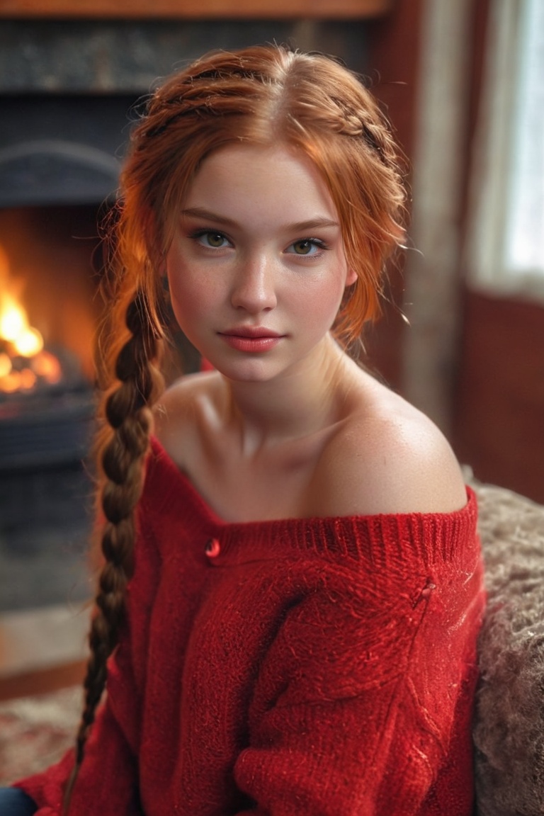 Young red-haired teenage girl,  long hair with braids framing face,  wearing red off-the-shoulder sweater on Tensor.Art