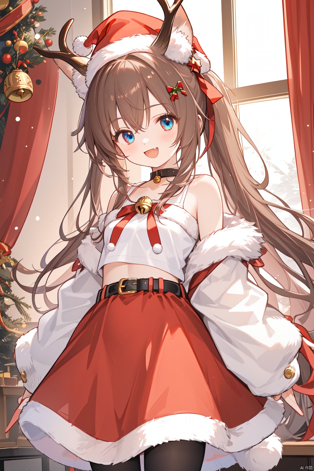 best quality, amazing quality, very aesthetic,multiple_girls, manjuu_\(azur_lane\), horns, long_hair, gift, blue_hair, fur_trim, ayanami_\(azur_lane\), open_mouth, blush, bell, chick, santa_costume, navel, gift_box, box, red_shirt, midriff, crop_top, hat, very_long_hair, skirt, smile, antlers, belt, off-shoulder_shirt, red_skirt, fur-trimmed_skirt, shirt, oni_horns, hair_bell, holding_gift, christmas_tree, holding, christmas, bare_shoulders, :d, animal_ears, hair_ornament, hair_between_eyes, bangs, christmas_ornaments, pink_hair, fake_antlers, fur-trimmed_sleeves, @_@, blue_eyes, ahoge, off_shoulder, pantyhose, looking_at_viewer, santa_hat, red_eyes, black_hair, bird, long_sleeves, reindeer_antlers, 5girls, star_\(symbol\), hairband, dress, brown_eyes, indoors, fang, party_popper, bow, fake_animal_ears, pink_bow, jingle_bell, animal, breasts, short_sleeves, short_hair, deer_ears, small_breasts, ponytail, belt_buckle, red_dress, collarbone, capelet, closed_mouth, pennant, red_capelet, standing, sidelocks, >_<, fur-trimmed_dress, merry_christmas, string_of_flags, ribbon, hair_bow, hair_ribbon, cat_ears, window, blonde_hair, buckle, light_brown_hair