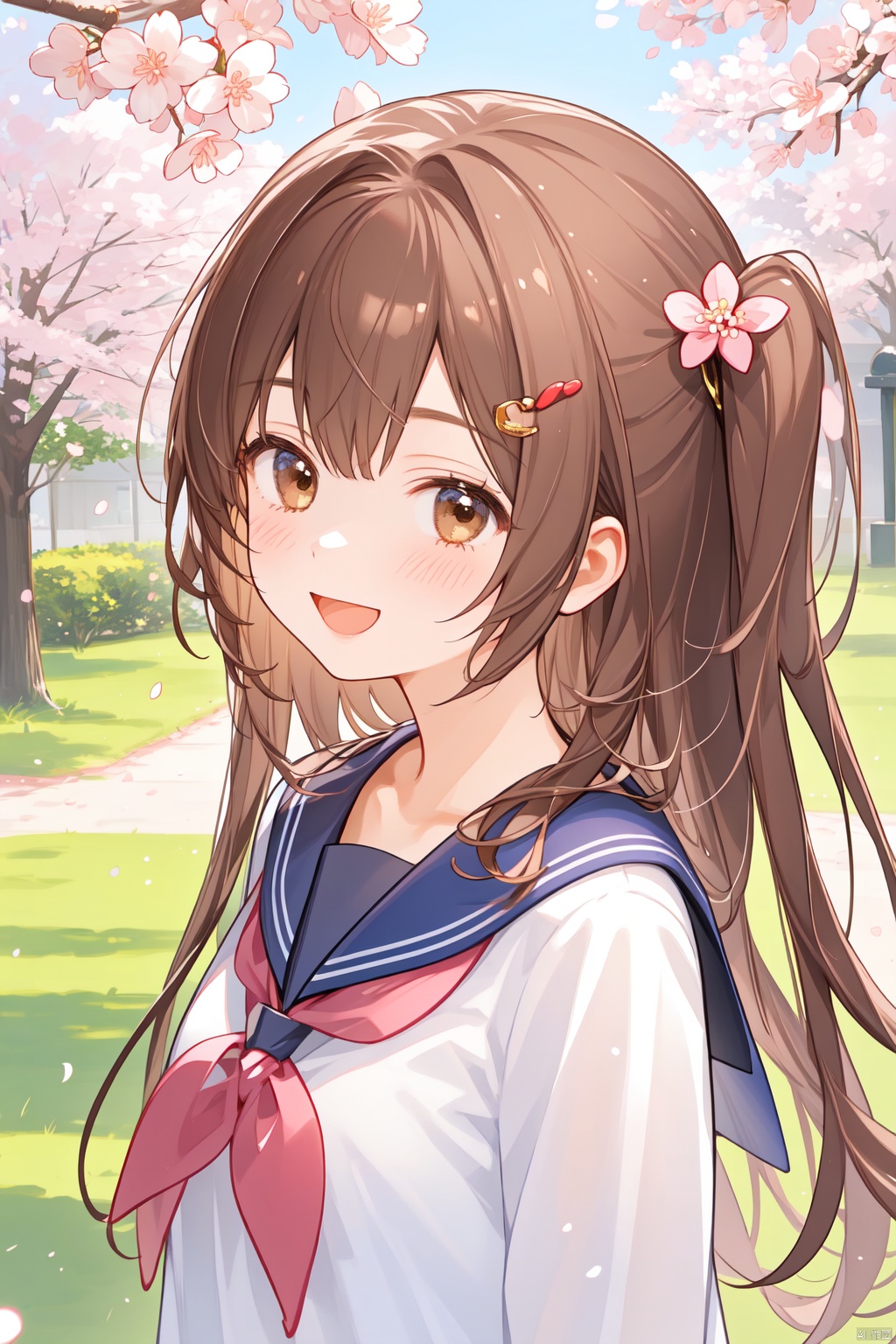 best quality, amazing quality, very aesthetic,1girl, open_mouth, solo, smile, cherry_blossoms, long_hair, brown_hair, blush, looking_at_viewer, brown_eyes, school_uniform, hair_ornament, serafuku, hairclip, outdoors, tree, sailor_collar, two_side_up, :d, collarbone, day, petals, bangs, white_shirt, blue_sailor_collar, shirt, upper_body

Software