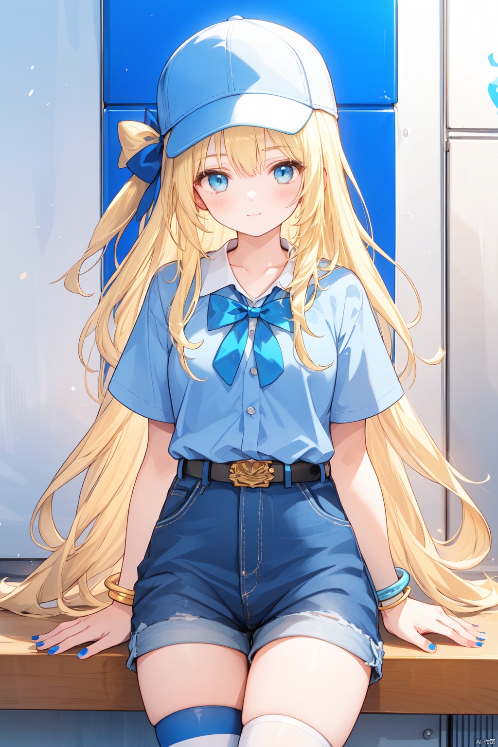 1girl, bangle, bangs, baseball_cap, belt, blonde_hair, blue_bow, blue_headwear, blue_legwear, blue_nails, blue_shorts