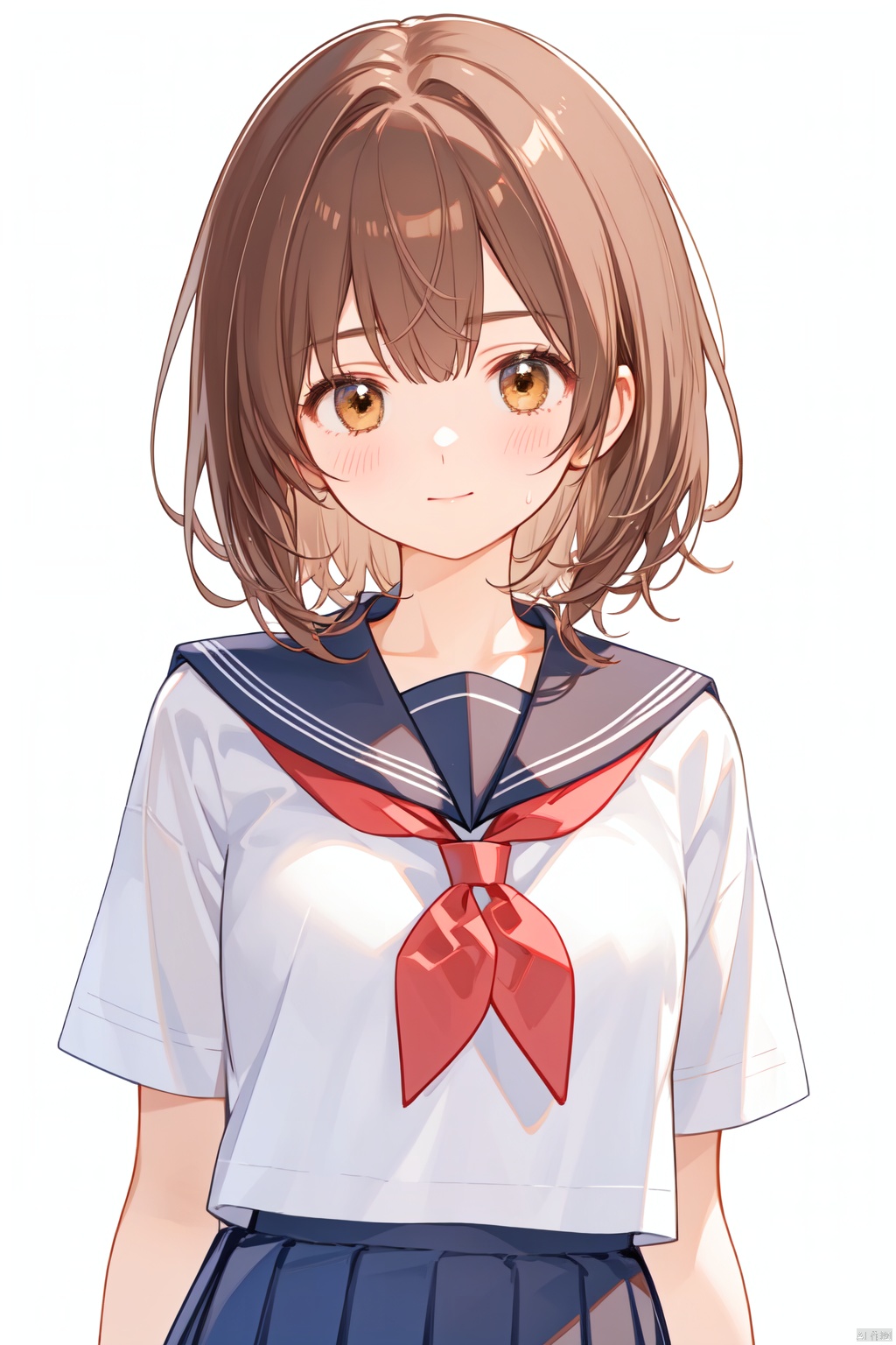 best quality, amazing quality, very aesthetic,1girl, arm_up, bangs, blush, brown_eyes, brown_hair, closed_mouth, looking_at_viewer, neckerchief, red_neckerchief, sailor_collar, school_uniform, serafuku, shirt, short_hair, short_sleeves, simple_background, solo, sweat, upper_body, white_background, white_shirt