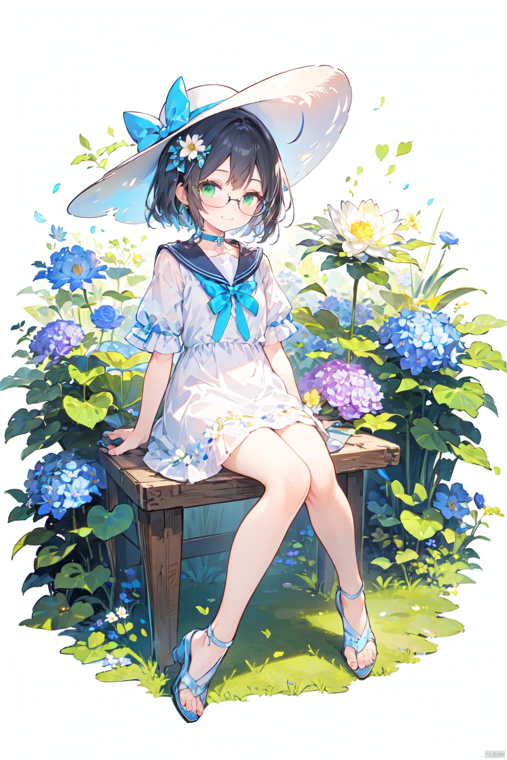 1girl, blue_bow, blue_choker, blue_flower, blue_nails, blue_ribbon, character_name, choker, copyright_name, daisy, dress, floral_background, flower, full_body, glasses, green_eyes, hat, holding, holding_flower, hydrangea, leaf, lily_\(flower\), lily_of_the_valley, lotus, morning_glory, plant, ribbon, sailor_collar, short_hair, short_sleeves, sitting, smile, solo, white_flower, white_headwear