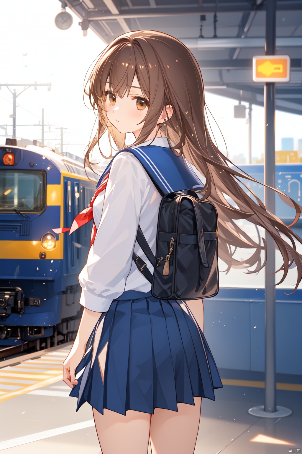 best quality, amazing quality, very aesthetic,1girl, solo, skirt, school_uniform, brown_hair, looking_at_viewer, wind_lift, wind, pleated_skirt, brown_eyes, bag, serafuku, long_sleeves, long_hair, blue_skirt, looking_back, bangs, sailor_collar, train_station, blurry_background, shirt, blurry, school_bag, white_shirt, from_behind, blue_sailor_collar, string, floating_hair, outdoors, earphones, covering_mouth, string_of_fate, standing, clothes_lift, shiny_hair, hand_up