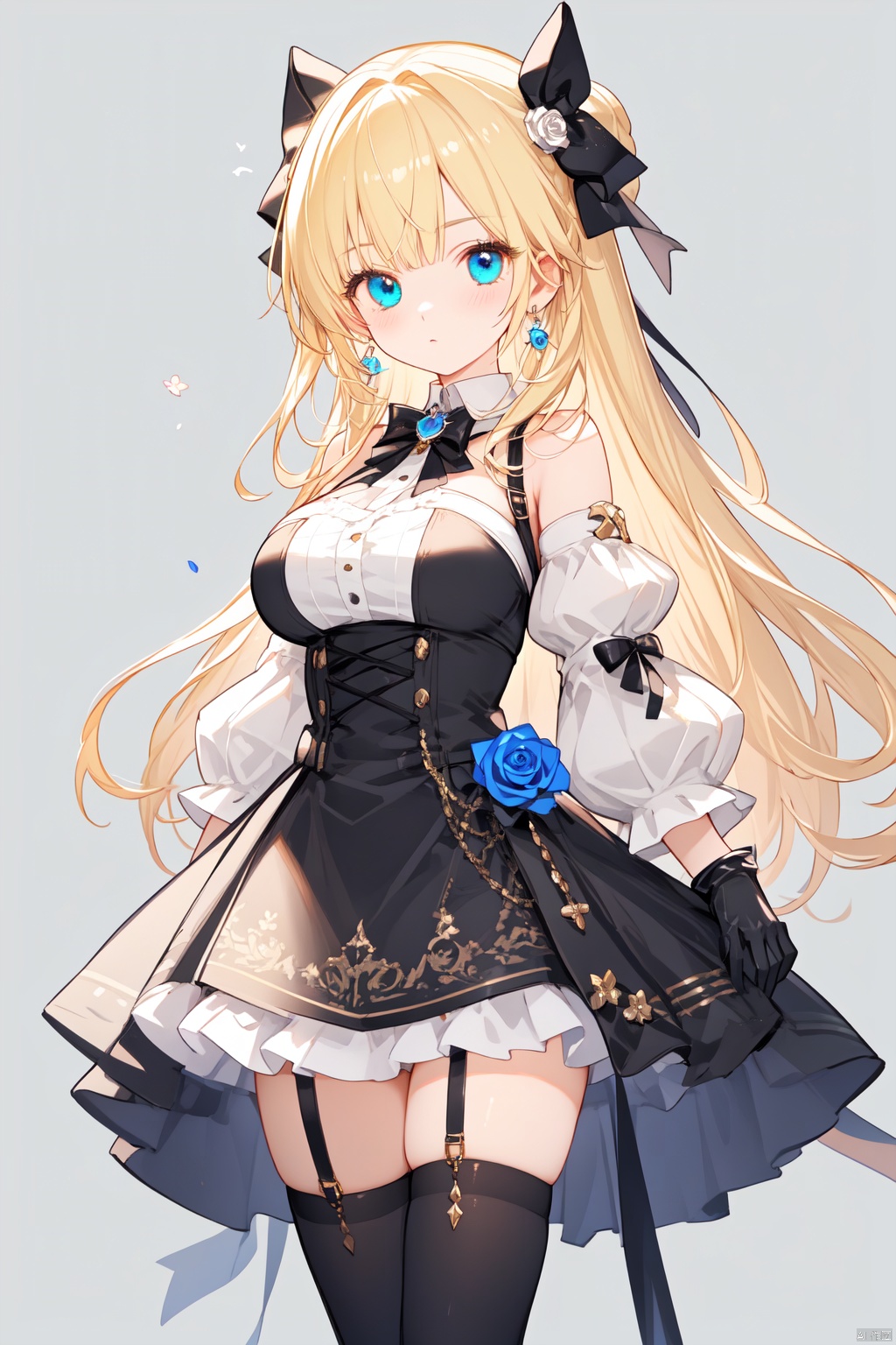 best quality, amazing quality, very aesthetic,1girl, solo, gloves, breasts, thighhighs, long_hair, blonde_hair, copyright_name, heterochromia, detached_sleeves, dress, hair_bow, full_body, black_gloves, bare_shoulders, white_dress, large_breasts, bow, looking_at_viewer, yellow_eyes, white_thighhighs, earrings, jewelry, blue_eyes, bangs, half_gloves, rose, thigh_strap, flower, puffy_sleeves, simple_background