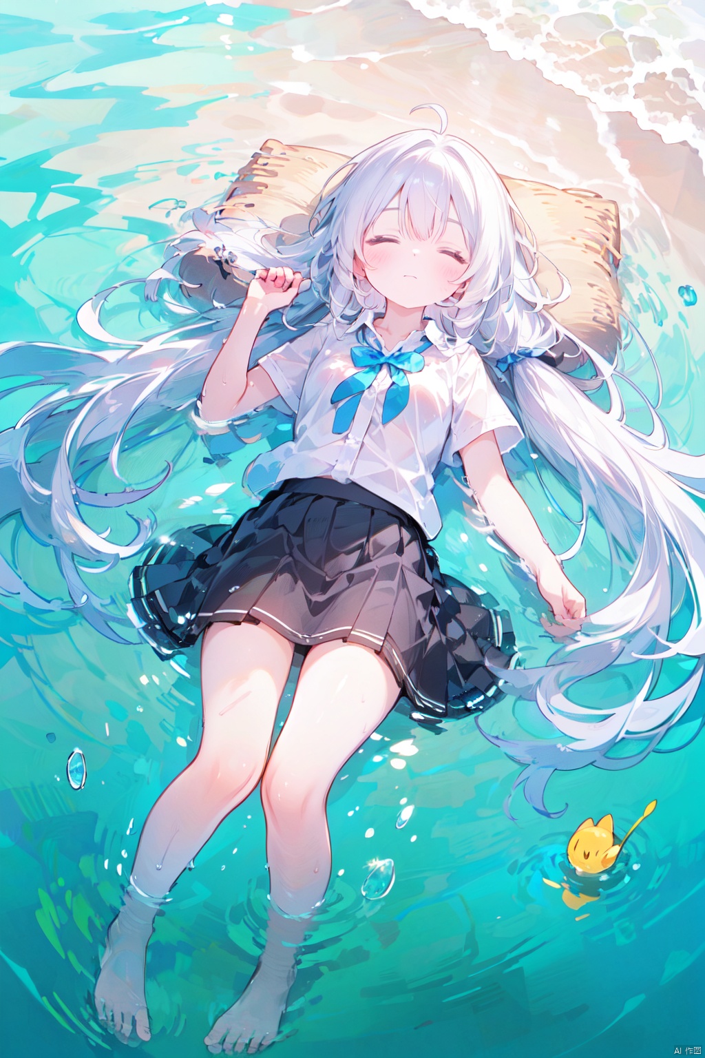  best illustration,(colorful),(from above:1.4),((close up)),(1girl:1.2),(lying_on_water:1.2),(floating on water),full body,(beautiful and delicate face),(beautiful long white hair),(very long white hair),closed eyes,small breasts,(black pleated skirt:1.25), (facing up), water background,(reflective water surface),(flouds in water :1.4),(clouds in water),water with feathers, masterpiece, 1girl,((white hair)),(collared shirt),(white stocking),solo,collarbone,slim legs,(hand on own chest), (water background:1.2),