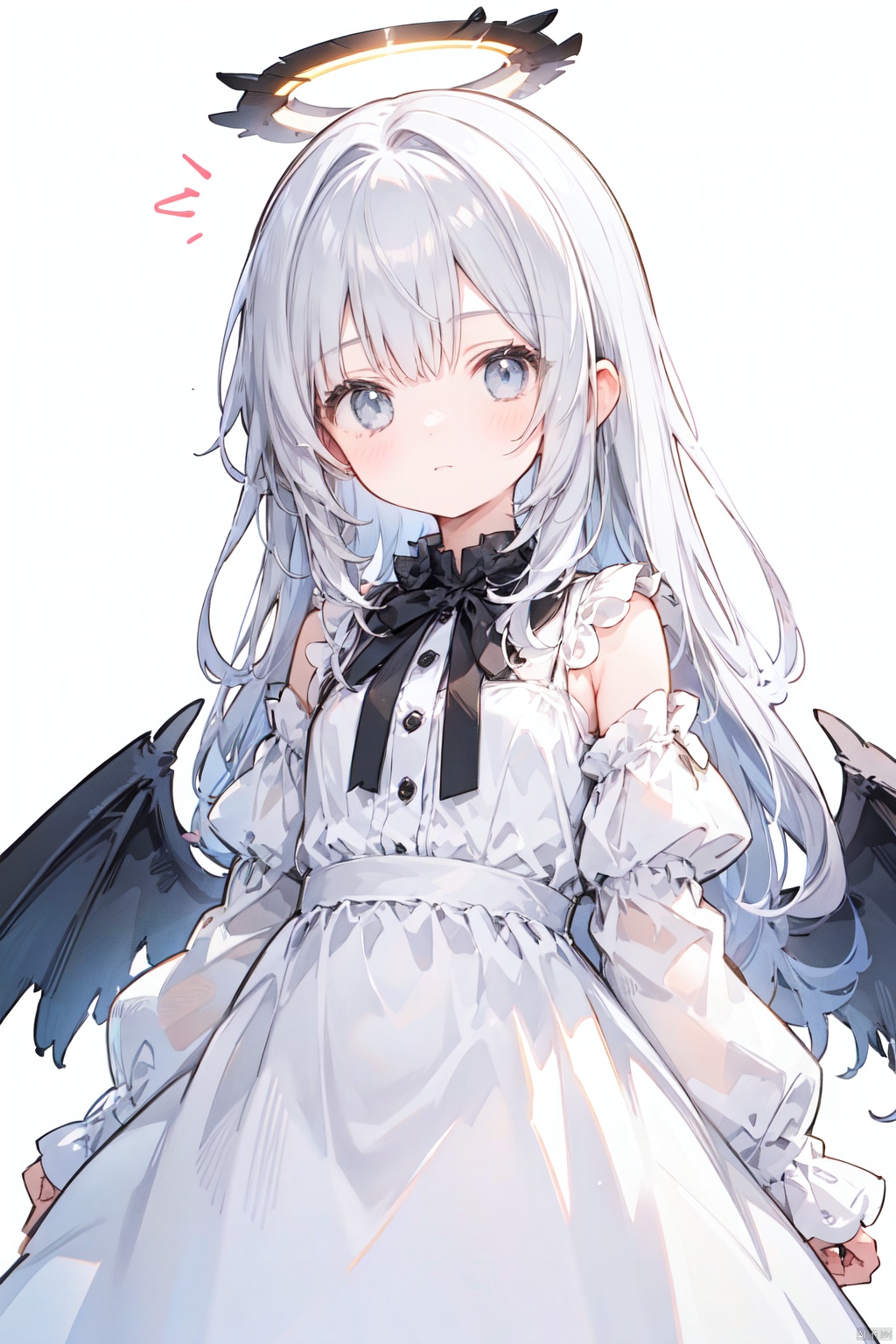  1girl, solo, halo, white background, dress, simple background, grey eyes, long hair, grey hair, long sleeves, sleeves past wrists, white dress, wings