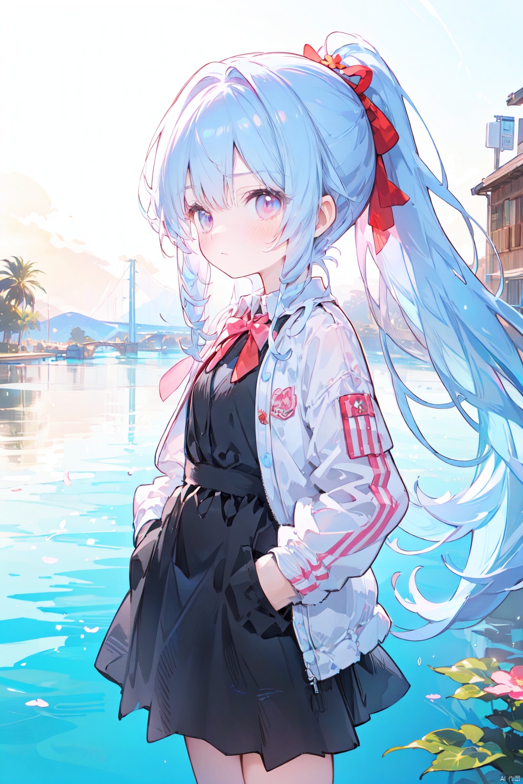  (best quality), ((masterpiece)), (highres),standing,original, extremely detailed wallpaper, (an extremely delicate and beautiful),pink eyes,,(loli),(petite),blue hair,(white Jacket),high ponytail,white collared shirt,hair flower,fipped hair,floating hair,Frown,hands in pockets,black dress,red bowtie,(solo),