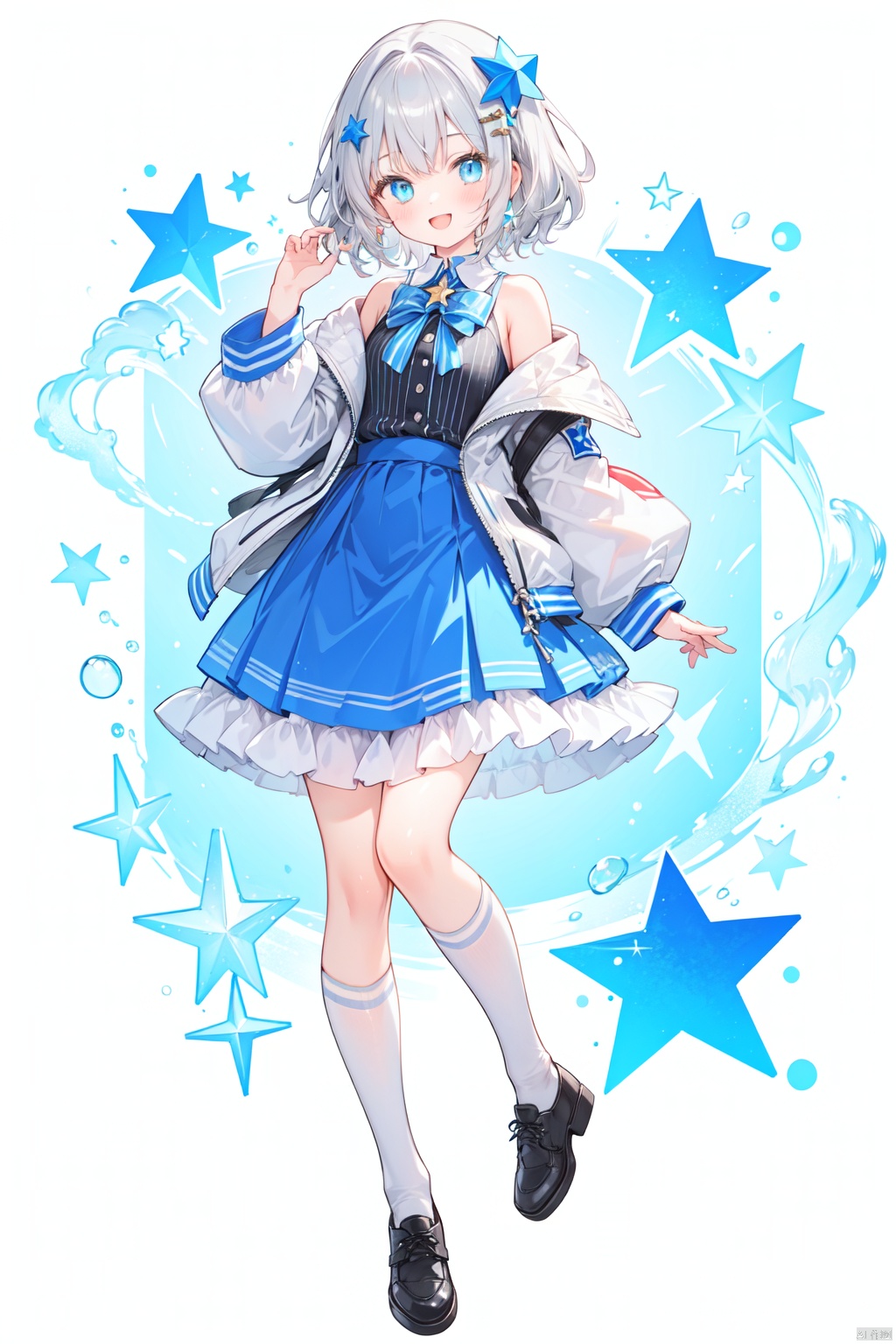 1girl, solo, jacket, short_hair, blue_eyes, socks, full_body, skirt, grey_hair, star_\(symbol\), looking_at_viewer, bangs, shoes, open_mouth, hair_ornament, frills, smile, kneehighs, white_footwear, off_shoulder, blue_skirt, long_sleeves