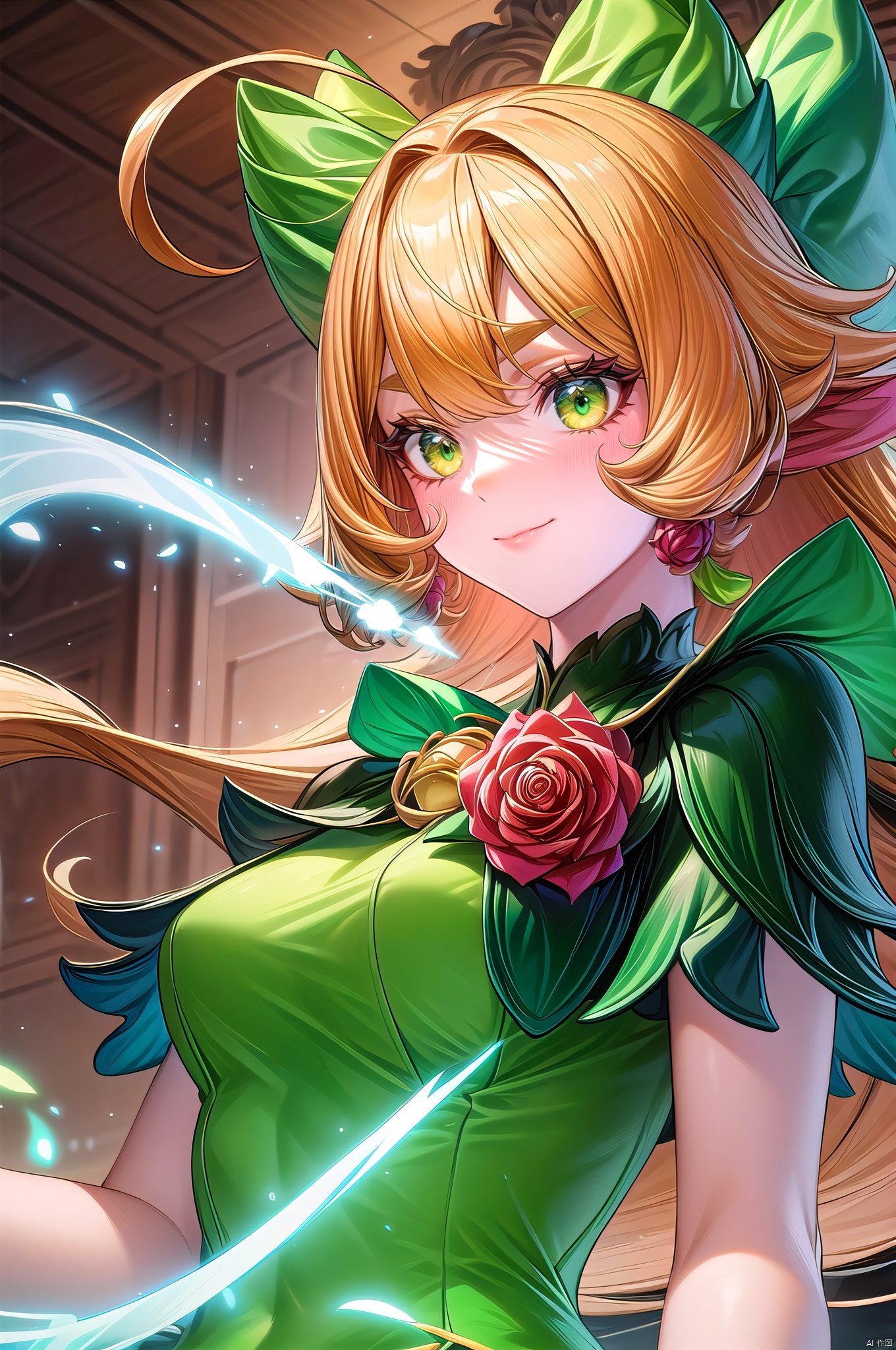 Seer, 1girl, green eyes, solo, ahoge, long hair, bow, smile, hair bow, jewelry, blonde hair, bracelet, flower, rose, green bow, bangs, closed mouth, short sleeves, red flower, dress, shorts, red rose, bangle, green dress, thick eyebrows, glowing, animal ears, looking_at_viewer,sitting,arms behind back,(upper_body:1.5),