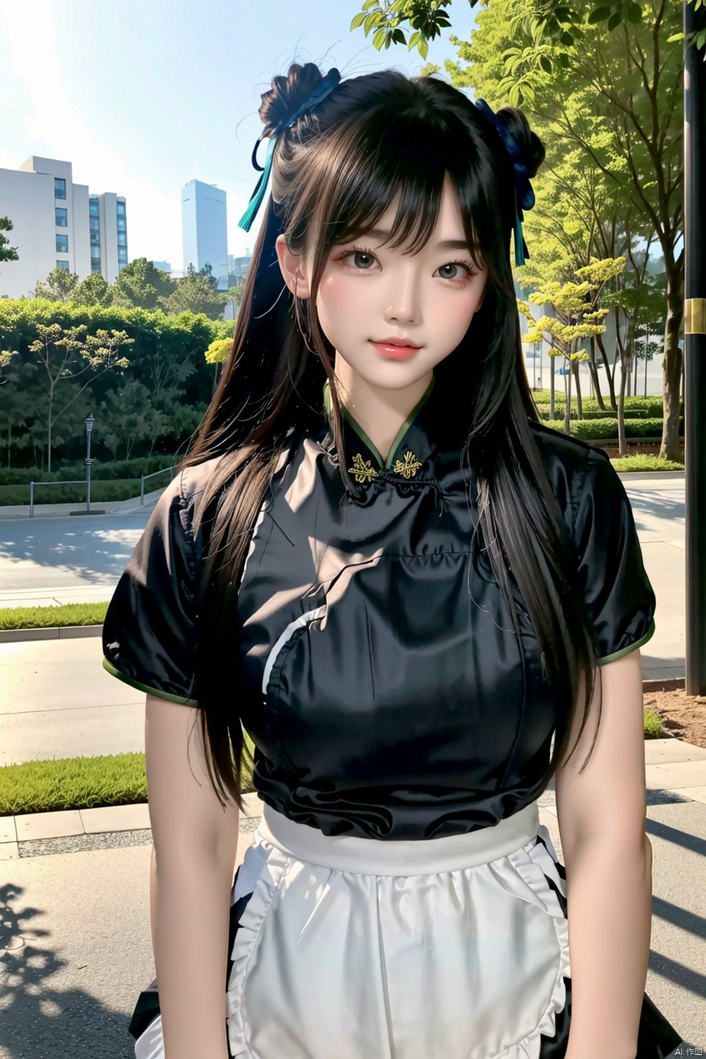 1girl, zhonghuaniang, green, sitting, outdoors, city, park, upper body, 1 girl