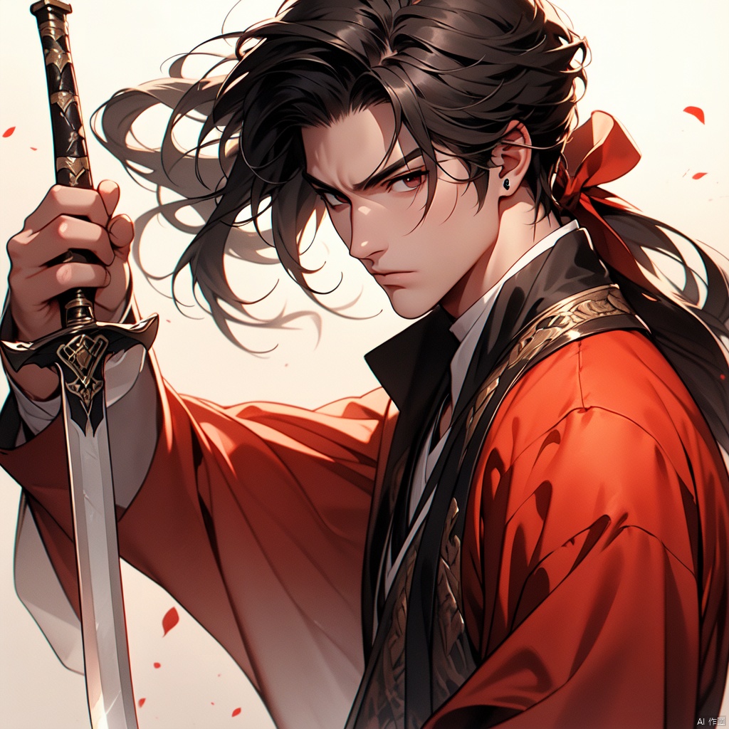 A highly skilled male assassin with long hair tied up, holding a soft sword, and painting in ink and wash