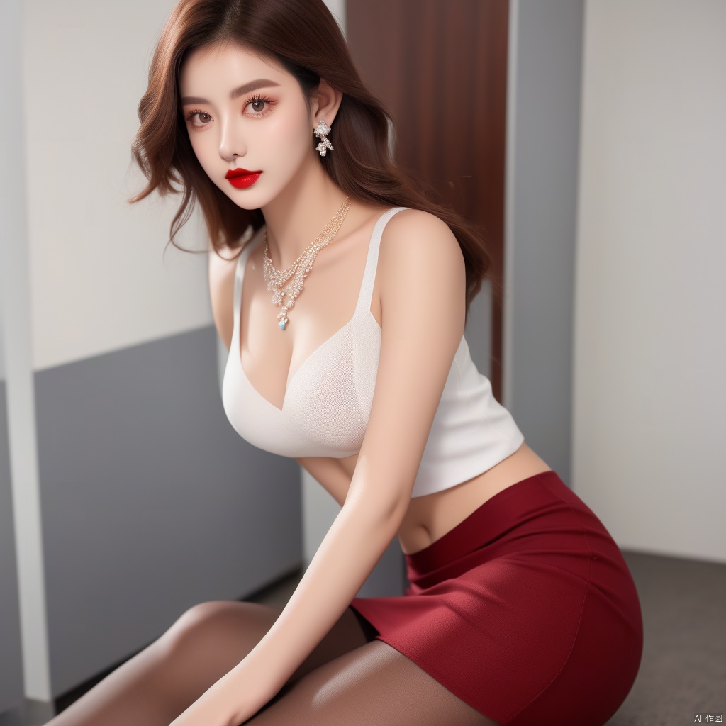 (Top quality, best quality, art, beauty and aesthetics: 1.2),1girl, buttocks up, jewelry, skirt, bra, chest, long hair, girl, cleavage, pantyhose, necklace, brown hair, earrings, pencil skirt, office, whiteshirt, cosmetics, lipstick, nail polish, red lips, skirt,