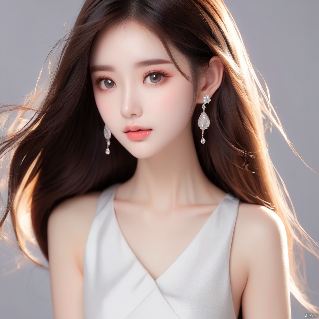 1girl, solo, long hair, looking at viewer, simple background, brown hair, dress, bare shoulders, brown eyes, jewelry, upper body, earrings, grey background, white dress, lips, realistic