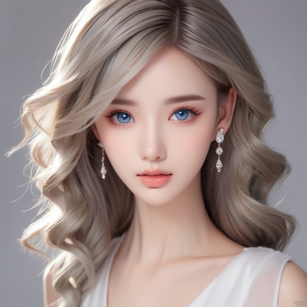 1girl, solo, long hair, looking at viewer, blue eyes, blonde hair, simple background, brown hair, dress, jewelry, upper body, earrings, parted lips, grey background, lips, grey eyes, wavy hair, realistic