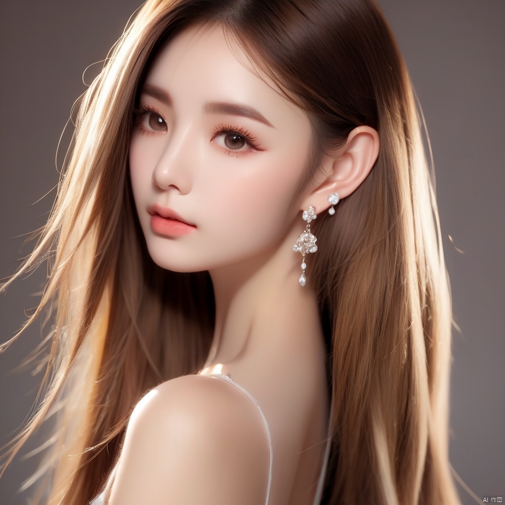 1girl, solo, long hair, looking at viewer, blonde hair, brown hair, bare shoulders, brown eyes, jewelry, closed mouth, upper body, earrings, from side, lips, looking to the side, light brown hair, portrait, realistic