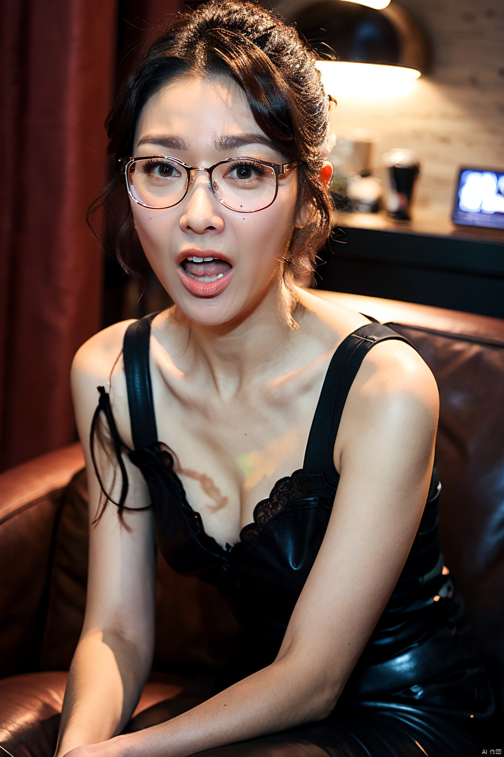  (Masterpiece, best picture quality, realistic), girl,makeup,lipstick,glasses,horrified,wide open mouth,updo, red Gothic, leather sofa, Queen Sitting, tabletop display, clock background, crazy details, contour light, flash effects, Sharpening, mole on left cheek, xuekaiqi