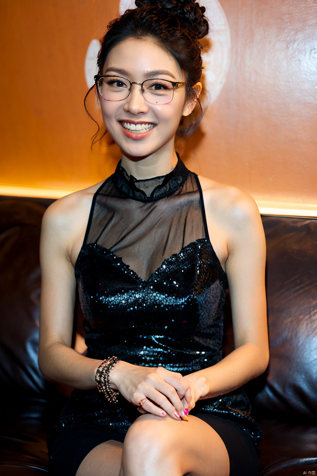  (Masterpiece, best picture quality, realistic), girl,makeup,lipstick,glasses,big grin,teeth,updo, red Gothic, leather sofa, Queen Sitting, tabletop display, clock background, crazy details, contour light, flash effects, Sharpening, mole on left cheek, xuekaiqi