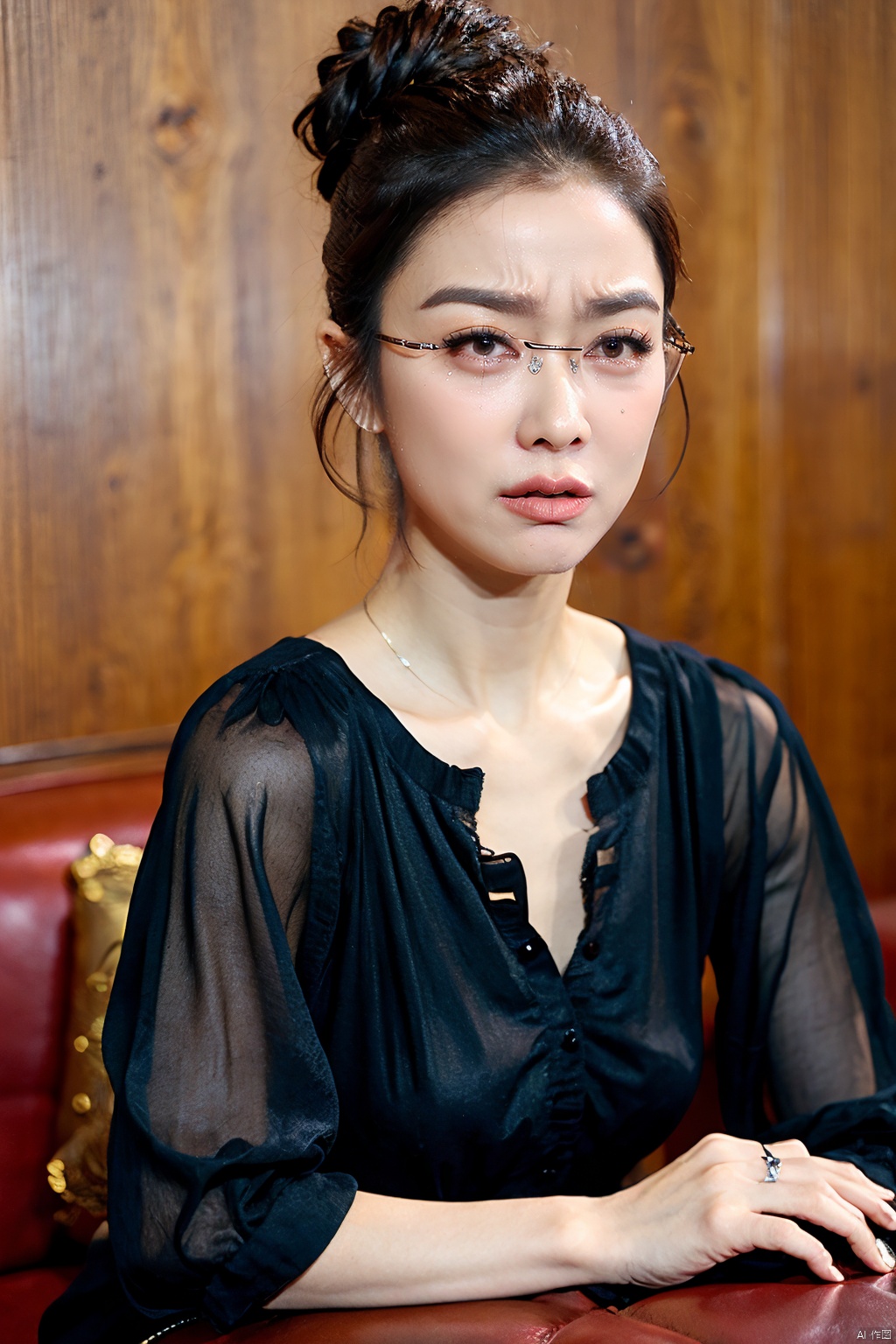  (Masterpiece, best picture quality, realistic), girl,makeup,lipstick,glasses,crying,upset,tears,updo, red Gothic, leather sofa, Queen Sitting, tabletop display, clock background, crazy details, contour light, flash effects, Sharpening, mole on left cheek, xuekaiqi