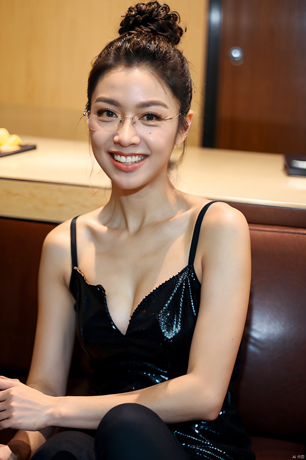  (Masterpiece, best picture quality, realistic), girl,makeup,lipstick,glasses,big smile,teeth,updo, red Gothic, leather sofa, Queen Sitting, tabletop display, clock background, crazy details, contour light, flash effects, Sharpening, mole on left cheek, xuekaiqi