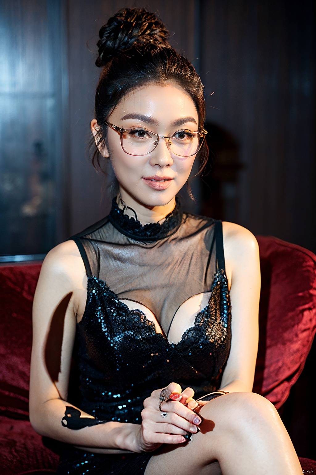  (Masterpiece, best picture quality, realistic), girl,makeup,lipstick,glasses,smug,updo, red Gothic, leather sofa, Queen Sitting, tabletop display, clock background, crazy details, contour light, flash effects, Sharpening, mole on left cheek, xuekaiqi