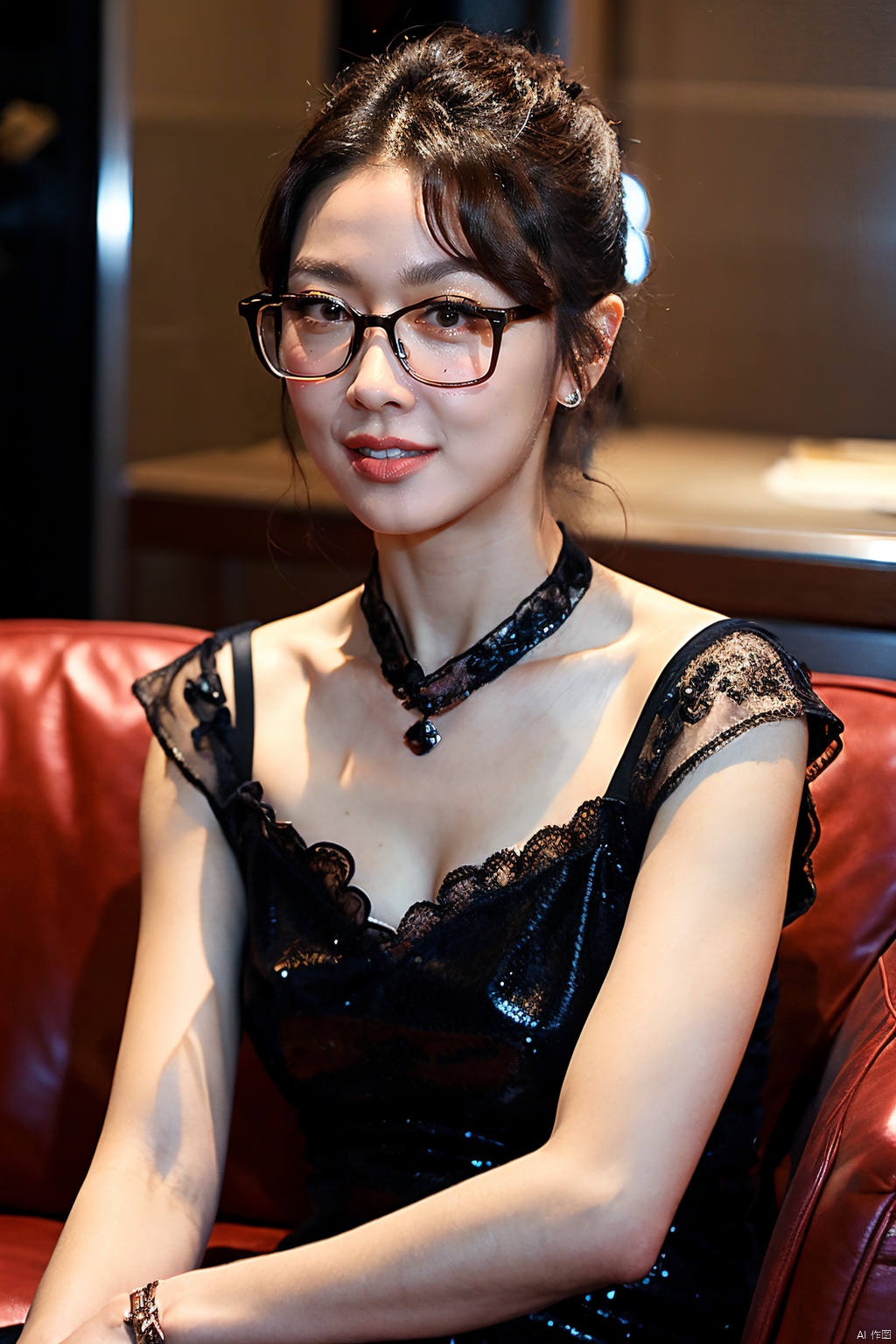  (Masterpiece, best picture quality, realistic), girl,makeup,lipstick,glasses,smug,updo, red Gothic, leather sofa, Queen Sitting, tabletop display, clock background, crazy details, contour light, flash effects, Sharpening, mole on left cheek, xuekaiqi