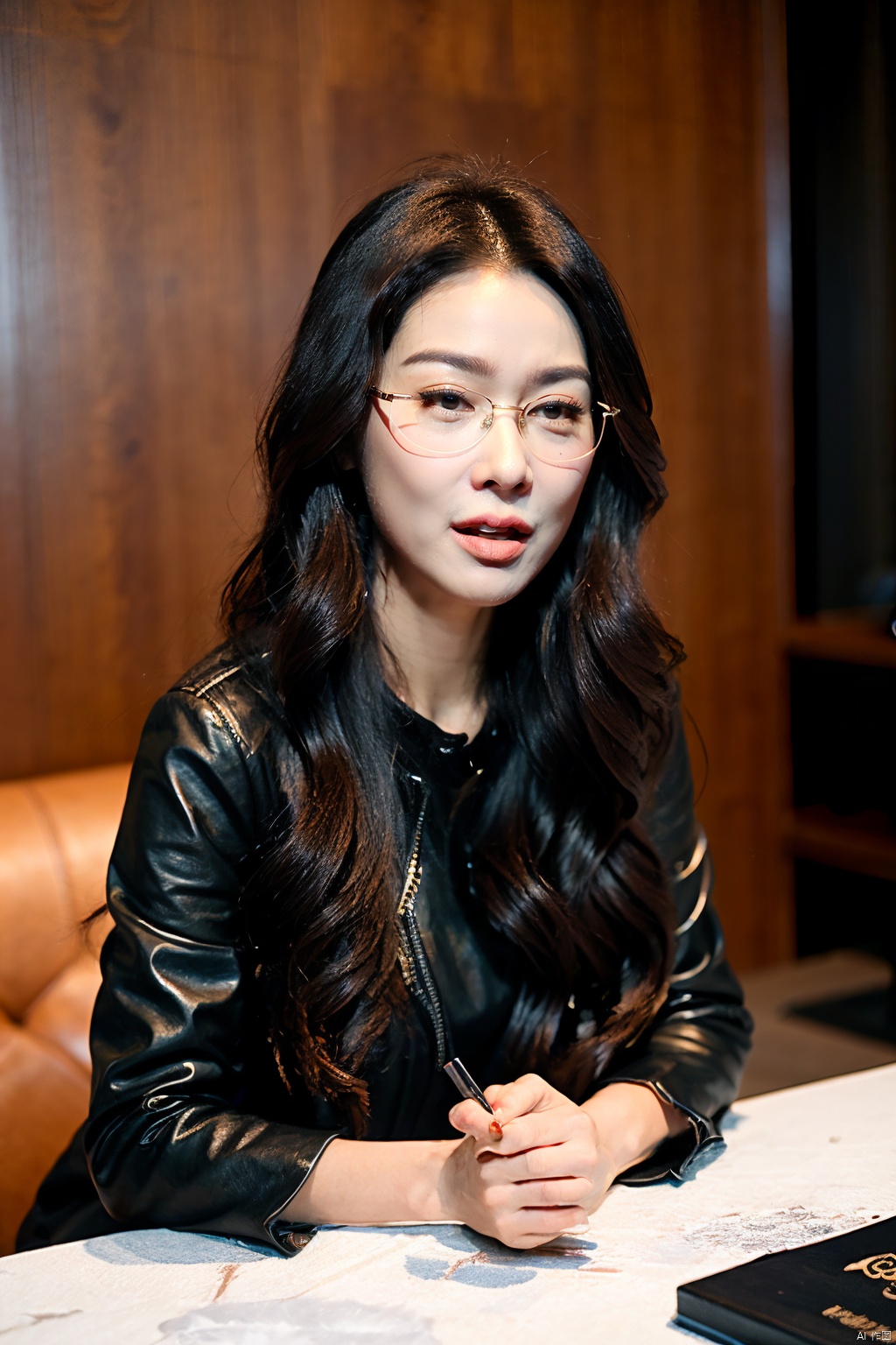 (Masterpiece, best picture quality, realistic), girl,makeup,lipstick,glasses,rolling eyes,tongue out to the side,black hair, red Gothic, leather sofa, Queen Sitting, tabletop display, clock background, crazy details, contour light, flash effects, Sharpening, mole on left cheek, xuekaiqi