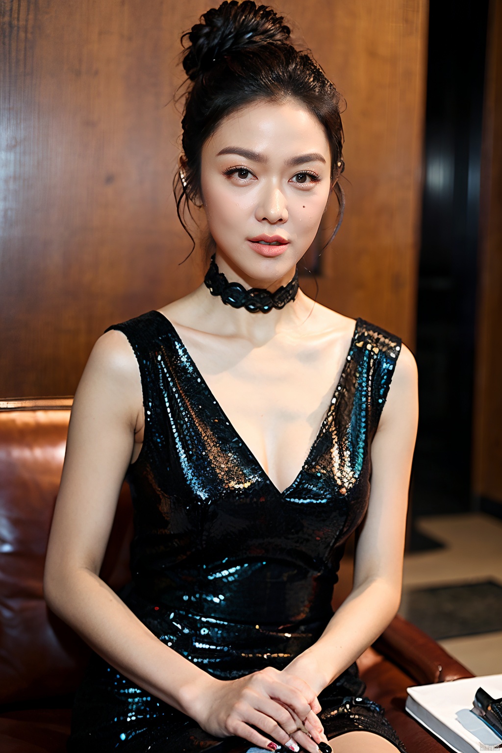  (Masterpiece, best picture quality, realistic), girl,makeup,lipstick,glaring,updo, red Gothic, leather sofa, Queen Sitting, tabletop display, clock background, crazy details, contour light, flash effects, Sharpening, mole on left cheek, xuekaiqi