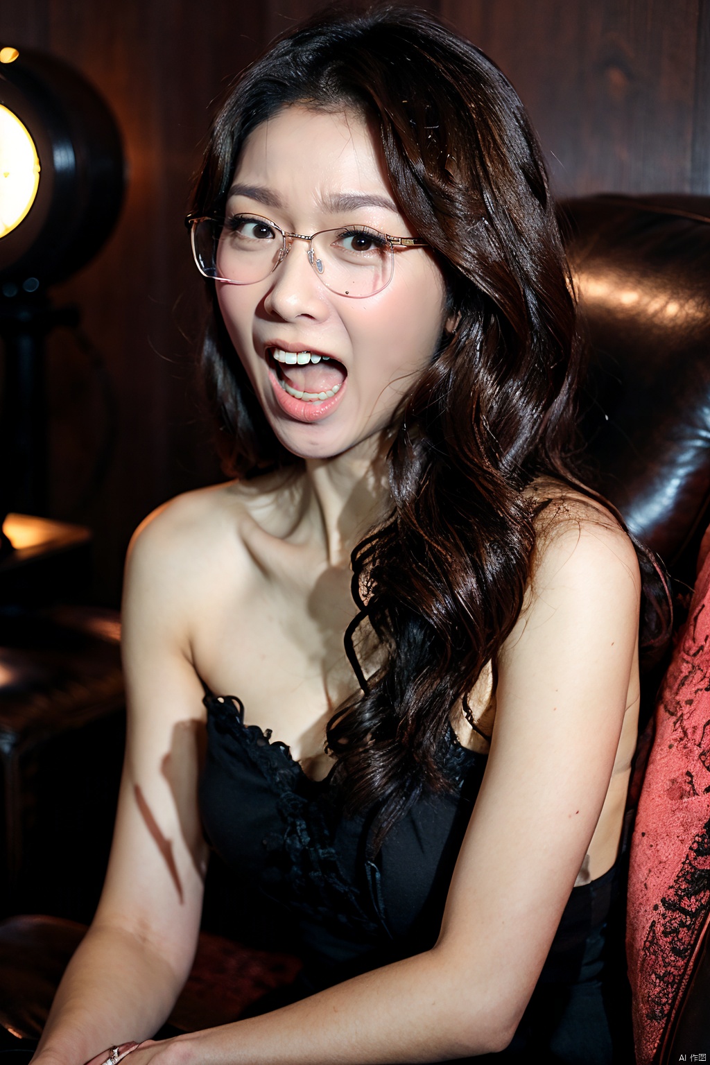  (Masterpiece, best picture quality, realistic), girl,makeup,lipstick,glasses,screaming,wide open mouth,teeth,black hair, red Gothic, leather sofa, Queen Sitting, tabletop display, clock background, crazy details, contour light, flash effects, Sharpening, mole on left cheek, xuekaiqi