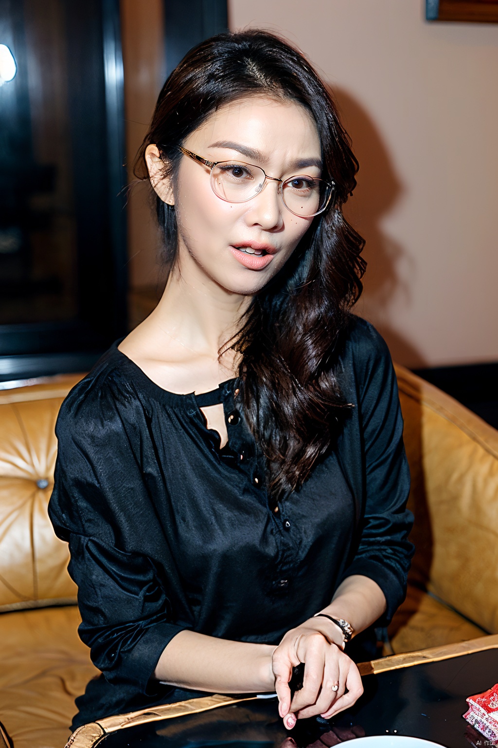  (Masterpiece, best picture quality, realistic), girl, glasses,horrified,black hair, red Gothic, leather sofa, Queen Sitting, tabletop display, clock background, crazy details, contour light, flash effects, Sharpening, mole on left cheek, xuekaiqi