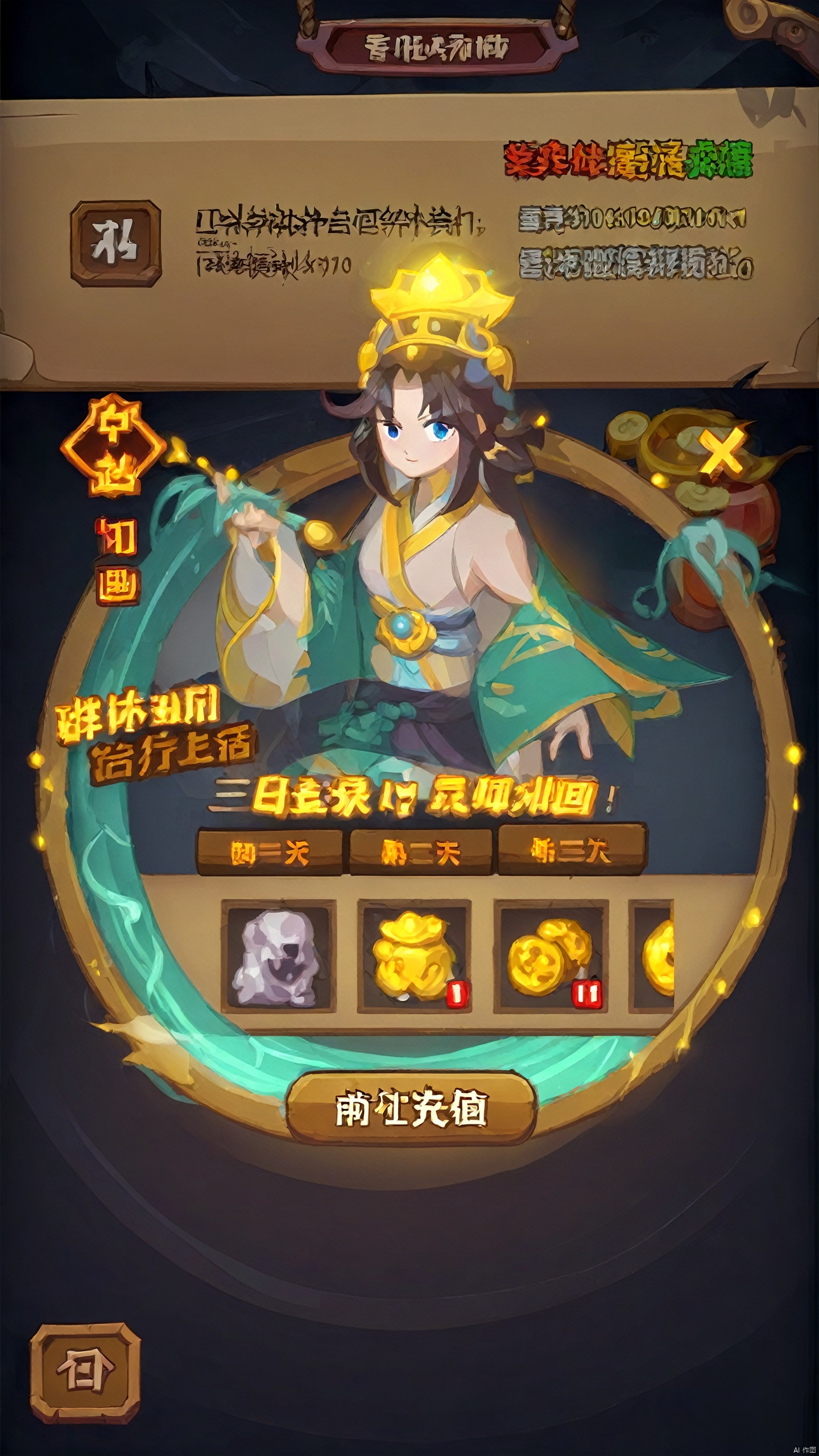 Game cartoon style, treasure, lighting, treasure, Chinese text, buttons, ui components, dark background, ananmo