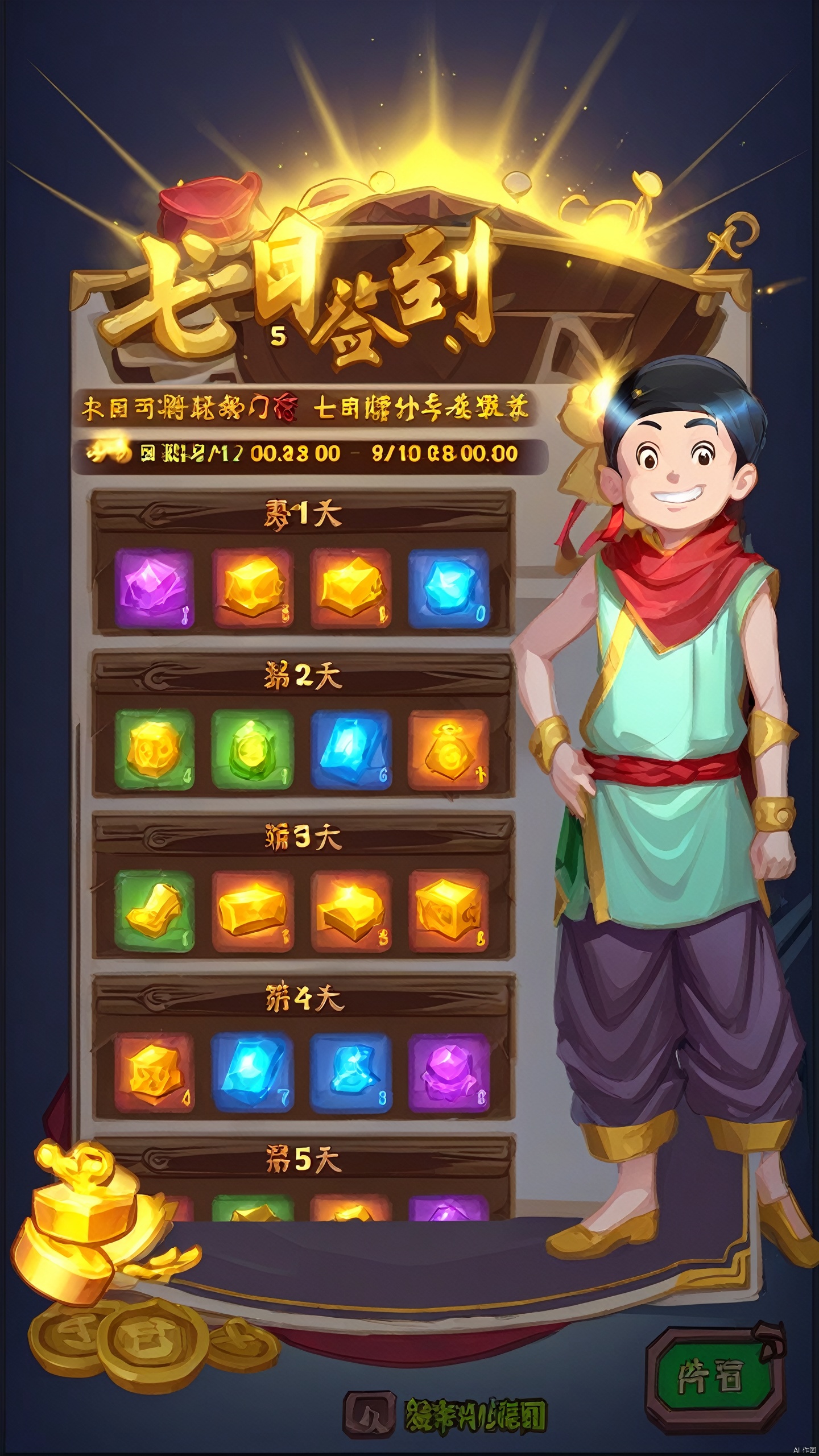 Dark background, game cartoon style, treasure, light, treasure, Chinese text, buttons, ui components,