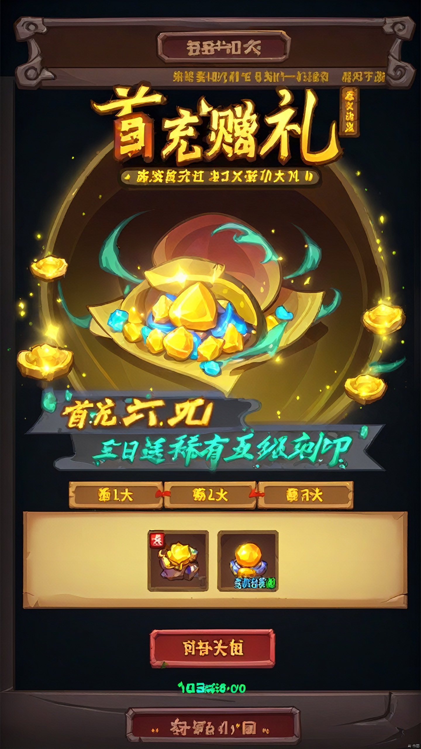 Game cartoon style, treasure, lighting, treasure, Chinese text, buttons, ui components, dark background