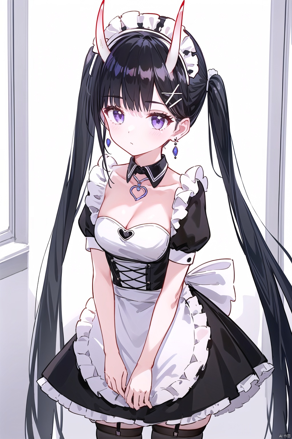  1girl,solo,(masterpiece:1.3),( beautiful:1.2),(high quality:1.2),(finely detailed:1.2),extremely detailed CG unity 8k wallpaper,best quality,a very delicate and beautiful,perfect fingers,(one cute girl at the center:1.2),
long hair, breasts,blunt bangs,black hair, hair ornament, very long hair, purple eyes, x hair ornament, hairclip,oni horns,black hair, jewelry, collarbone, earrings,pantyhose,black pantyhose,noshiroAL,

 thighhighs, dress, cleavage, bare shoulders, twintails,frills, black thighhighs, apron, black dress, collar, official alternate costume, maid, maid headdress, strapless, detached collar, garter straps, frilled dress, white apron, strapless dress, maid apron, noshiroMaid,noshiroFes